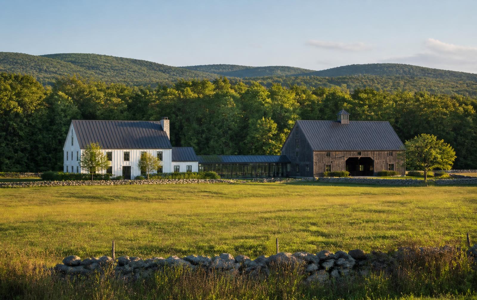 Concept visualization of a farmstead compound seen across an open meadow with stone walls, forest and rolling hills beyond