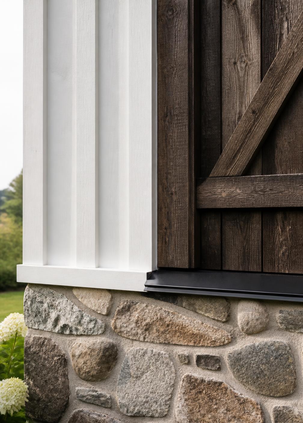 Concept visualization of a detail where white board-and-batten siding, dark timber barn boards and a fieldstone base meet