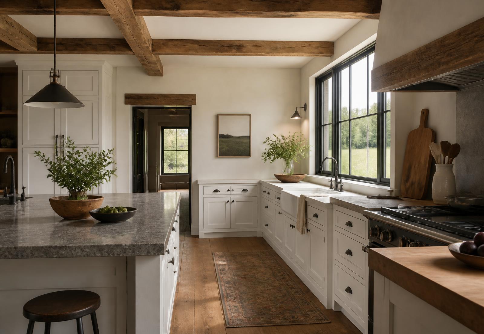 Concept visualization of a farmhouse kitchen with painted inset cabinetry, reclaimed beams and stone counters