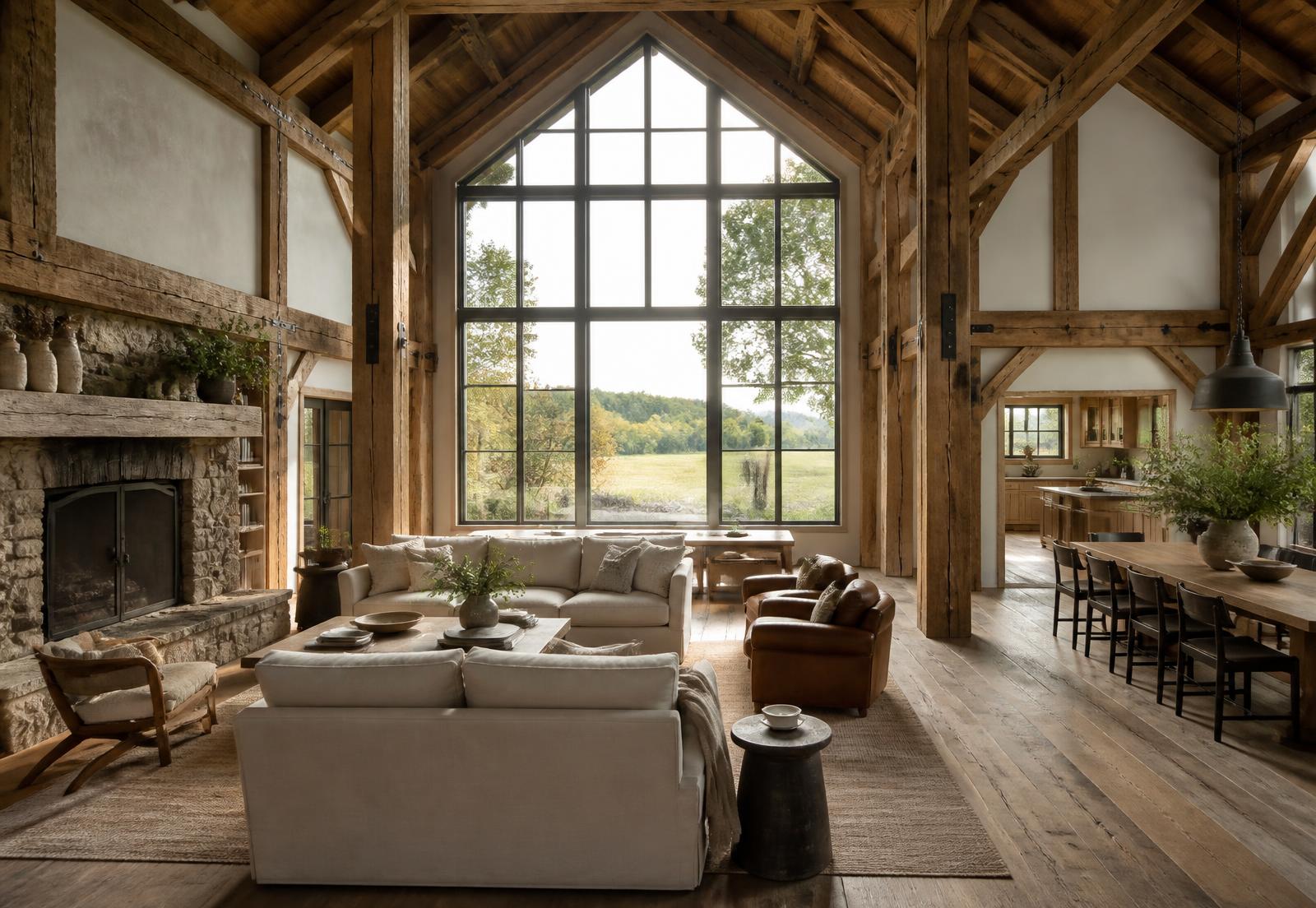 Concept visualization of a barn great room with an exposed reclaimed timber frame, fieldstone hearth and a tall gable window wall