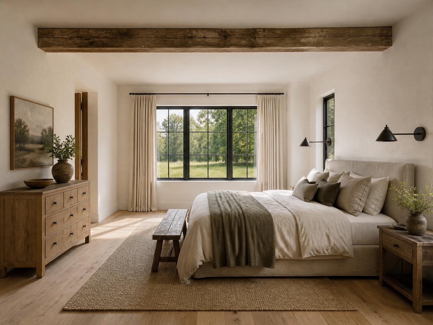 Concept visualization of a farmhouse primary bedroom with plaster walls, an exposed beam and windows to the meadow