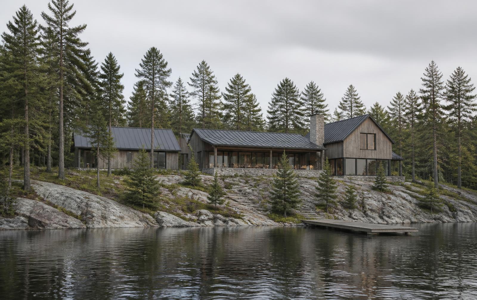 Concept visualization of a lakeside residence seen across the site — linked gabled volumes stepping down a wooded slope toward the water
