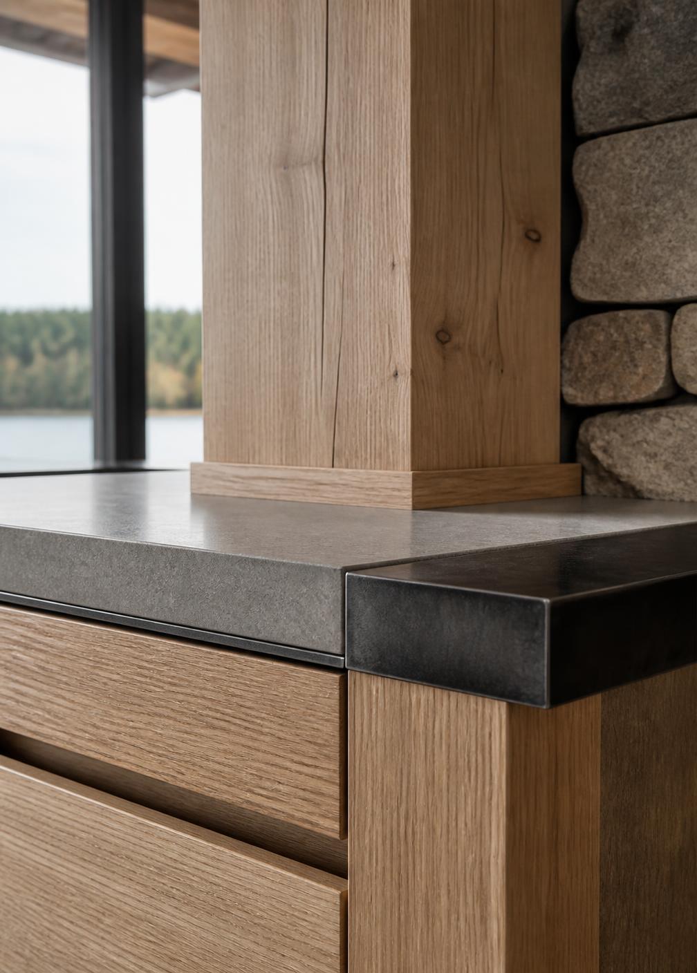 Concept visualization of a millwork and timber junction detail with fine reveals and blackened metal hardware