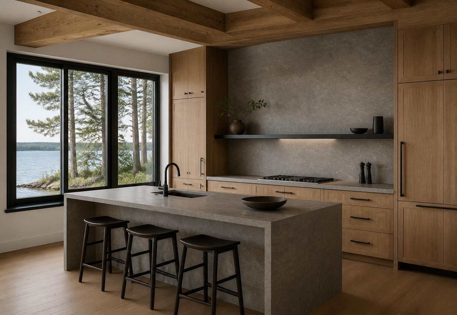 Concept visualization of a lake house kitchen with timber cabinetry, stone counters and a window to the water