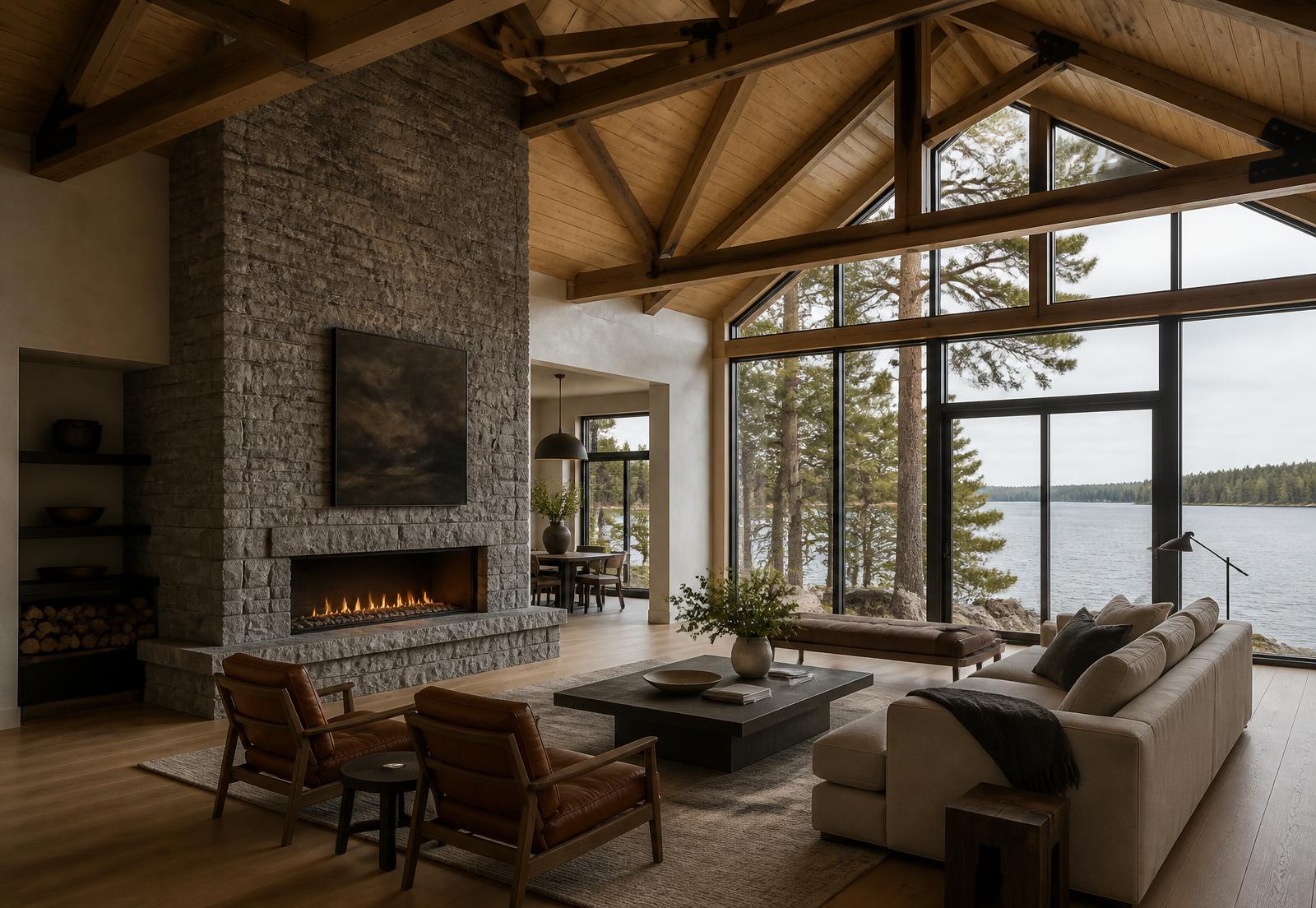Concept visualization of a lake house living volume with exposed timber structure, stone hearth and glazing to the lake