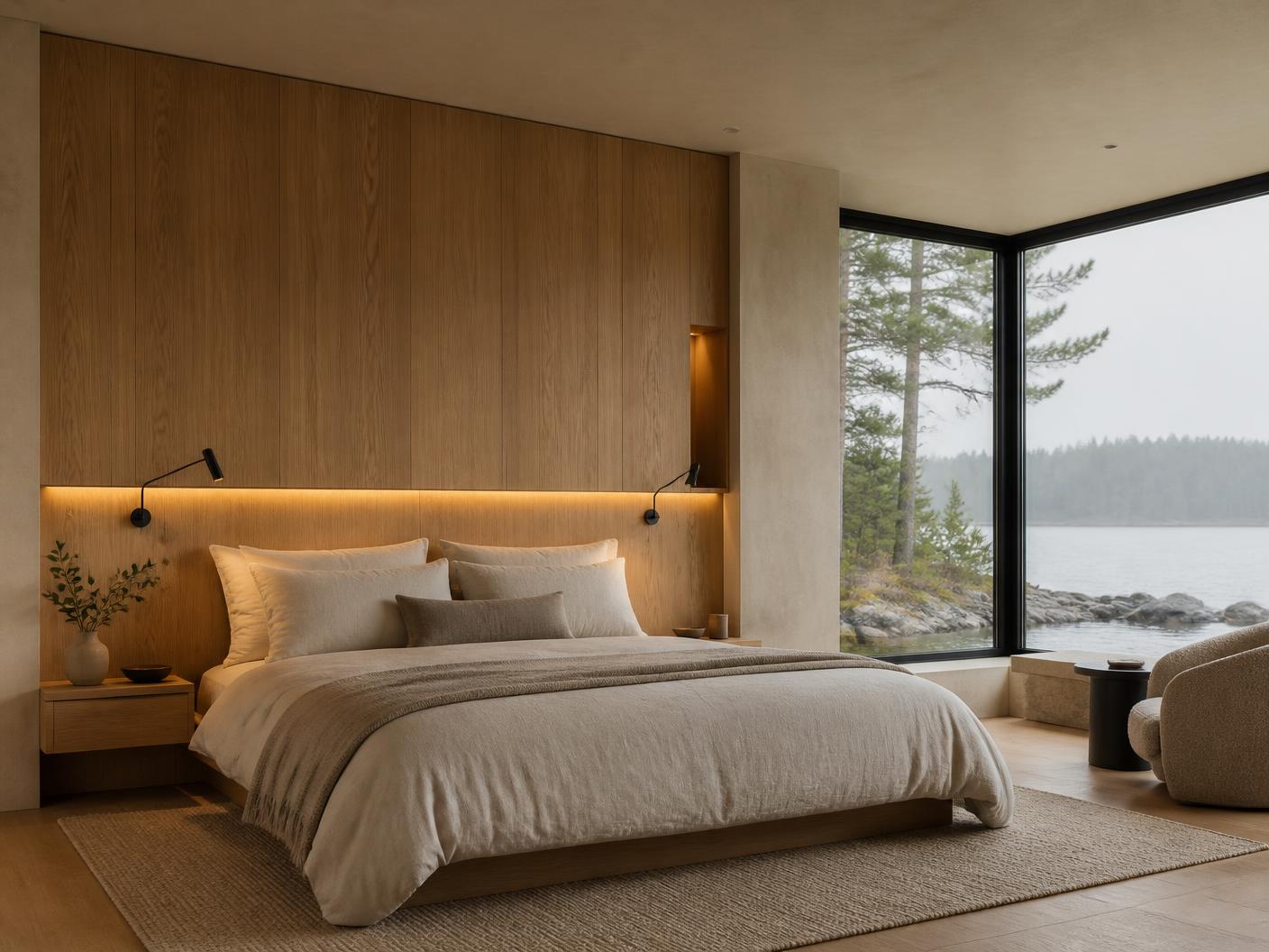 Concept visualization of a primary suite with timber panelling and a corner window onto the lake
