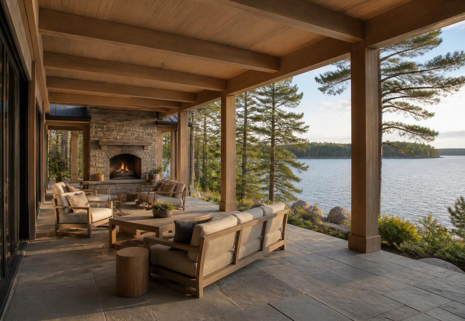 Concept visualization of a covered lakeside terrace with timber soffit, stone paving and an outdoor hearth facing the water