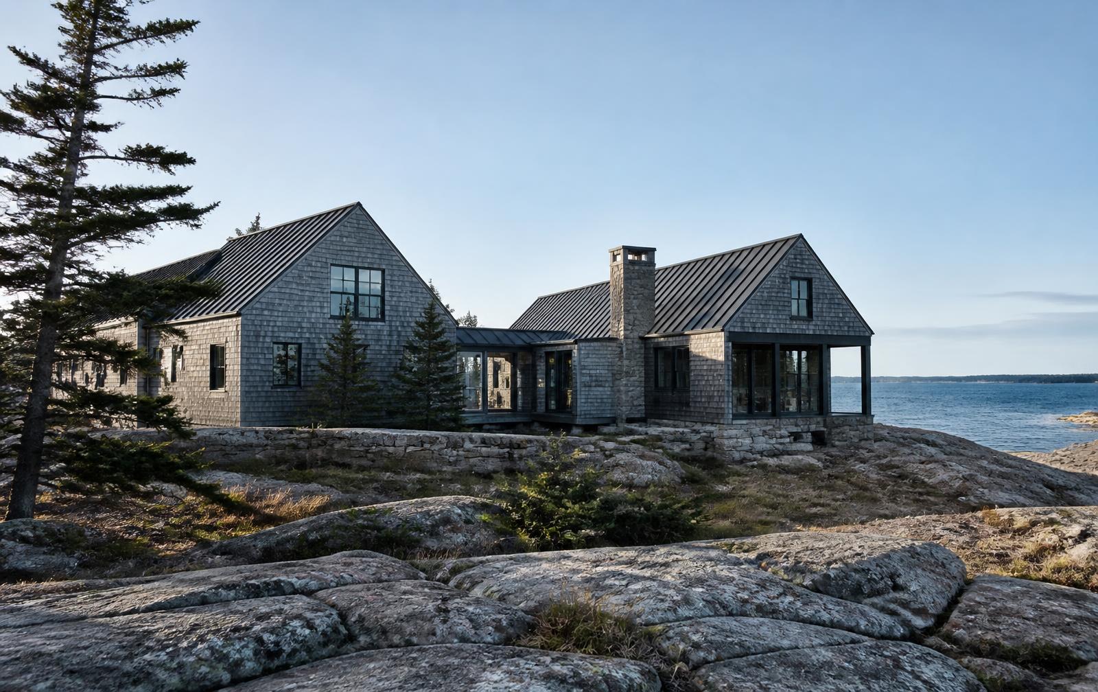 Concept visualization of a weathered cedar shingle coastal Maine residence with dark standing-seam roofs and granite base walls on a rocky shoreline
