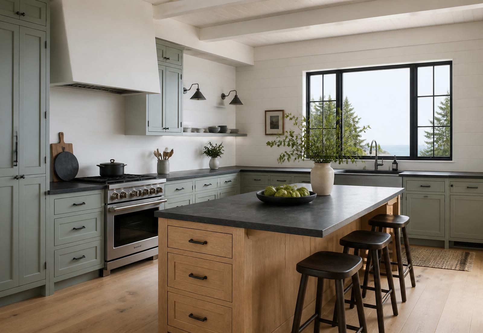 Concept visualization of a coastal Maine kitchen with pale painted cabinetry, an oak island and soapstone counters