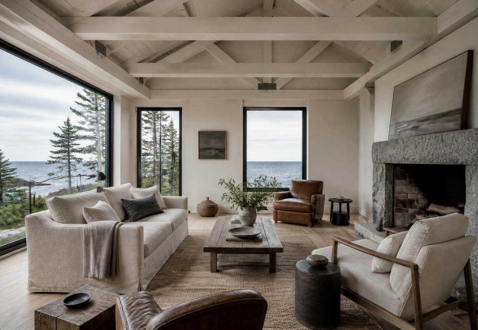 Concept visualization of a living room with painted timber trusses, a granite fireplace and windows to spruce and the Atlantic