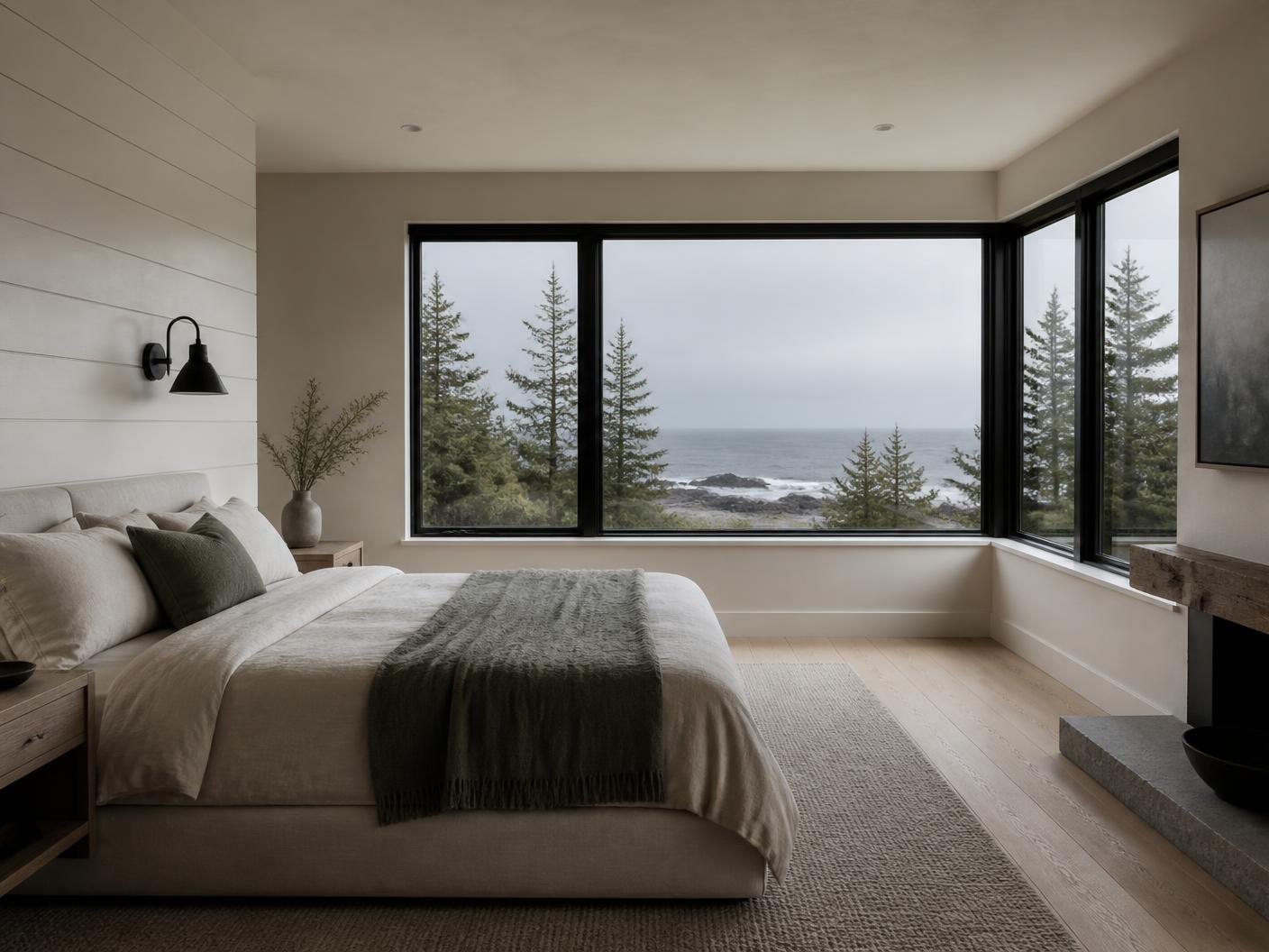 Concept visualization of a primary bedroom with shiplap walls and corner windows onto spruce and the ocean horizon