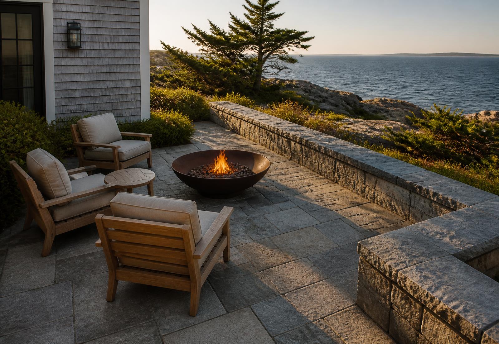 Concept visualization of a granite terrace with a low stone wall, fire vessel and open ocean beyond