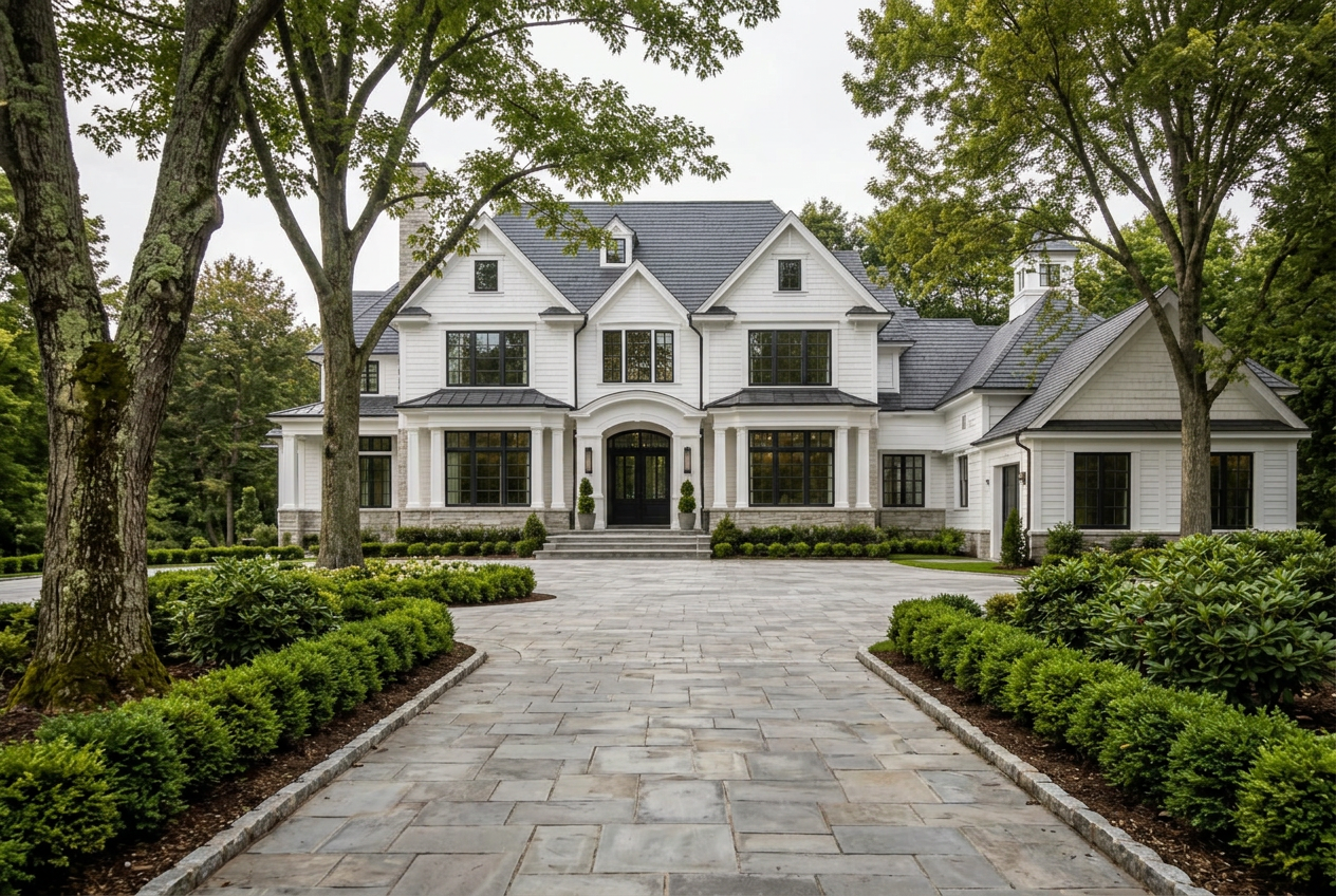 Concept visualization of a white shingled estate seen down a tree-lined drive with a matching carriage-style garage wing