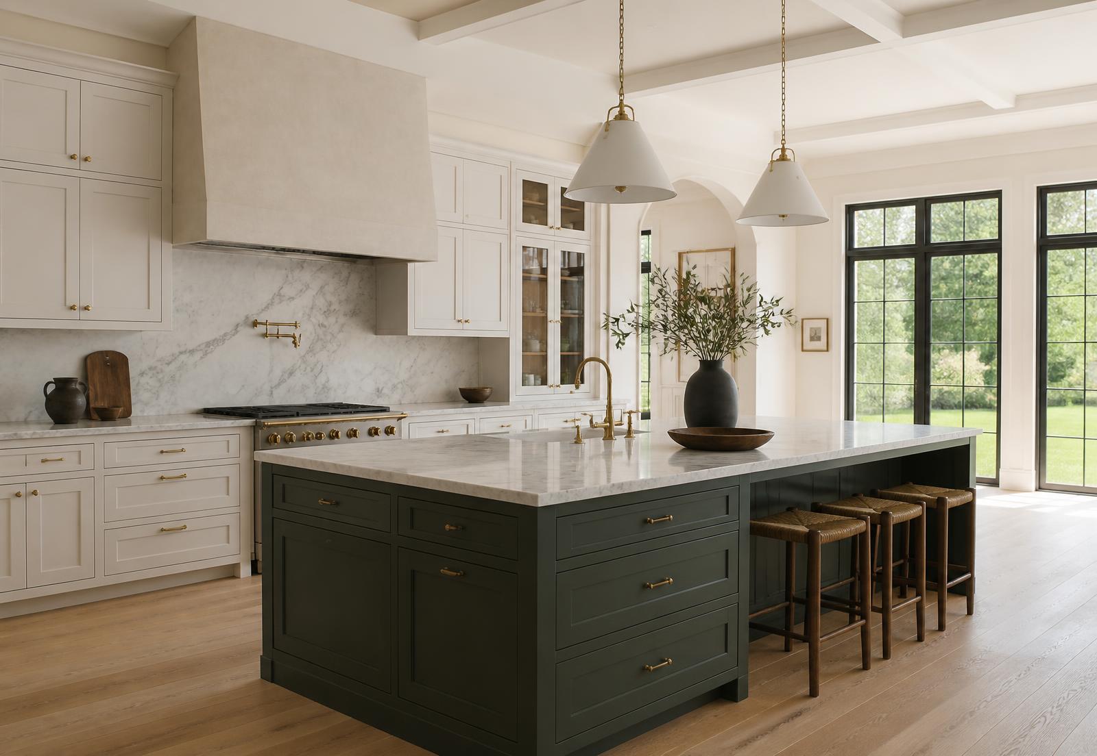Concept visualization of an estate kitchen with painted inset cabinetry, a deep green island and marble counters