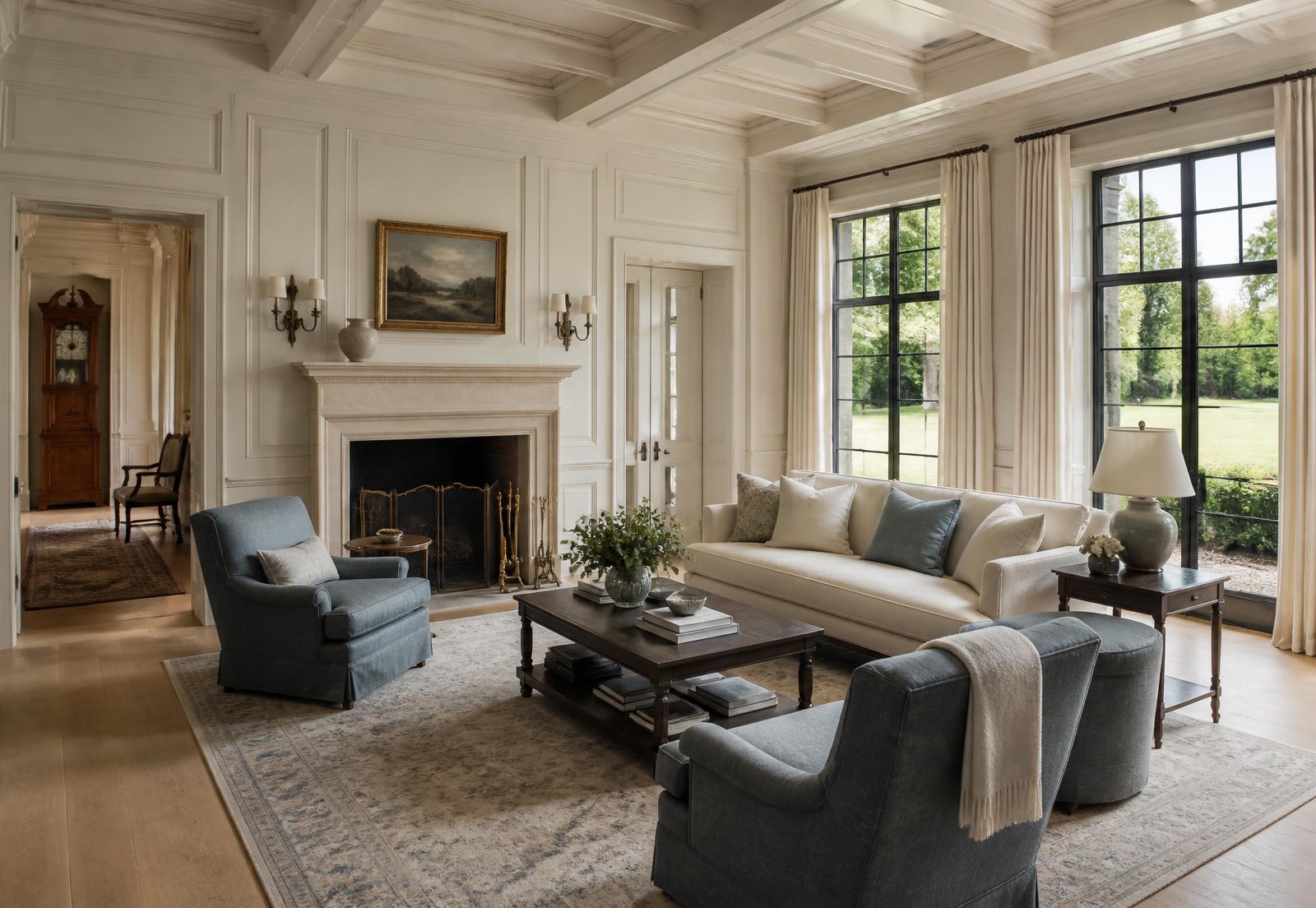 Concept visualization of a paneled living room with a coffered ceiling, limestone fireplace and tall windows to the lawn