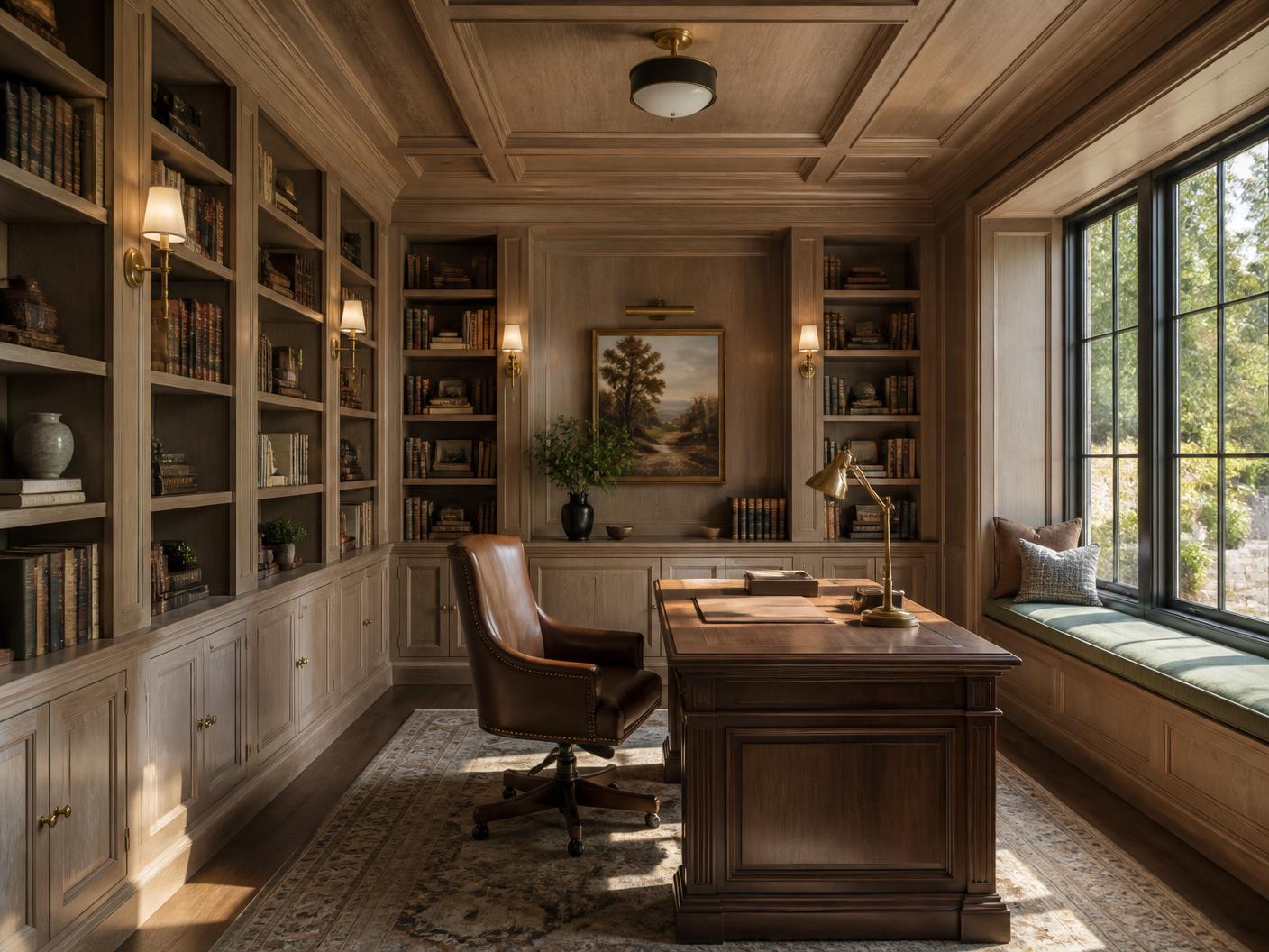 Concept visualization of a paneled library and office with floor-to-ceiling millwork bookcases and a window seat