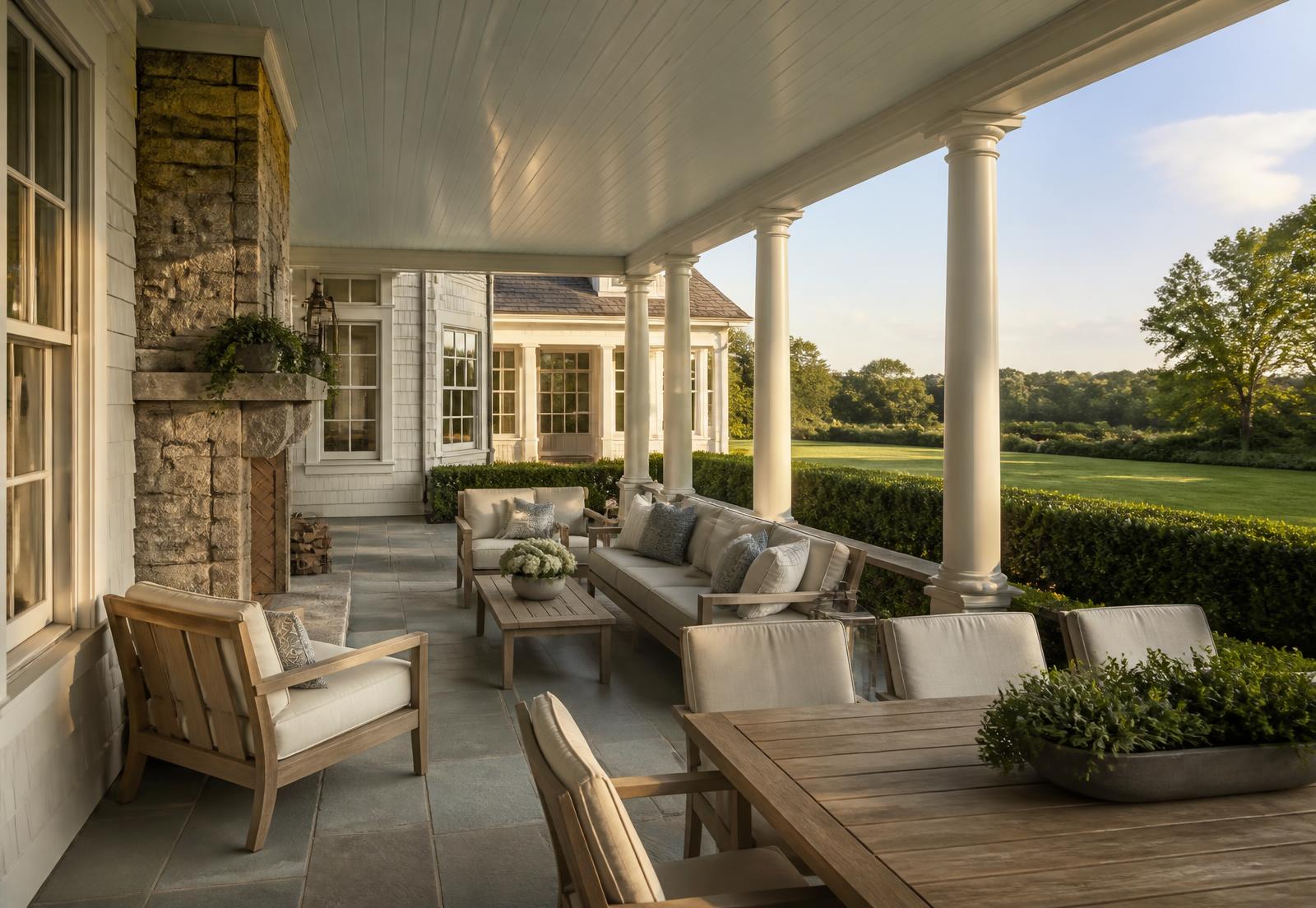 Concept visualization of a bluestone terrace and loggia with a stone fireplace and lawn beyond
