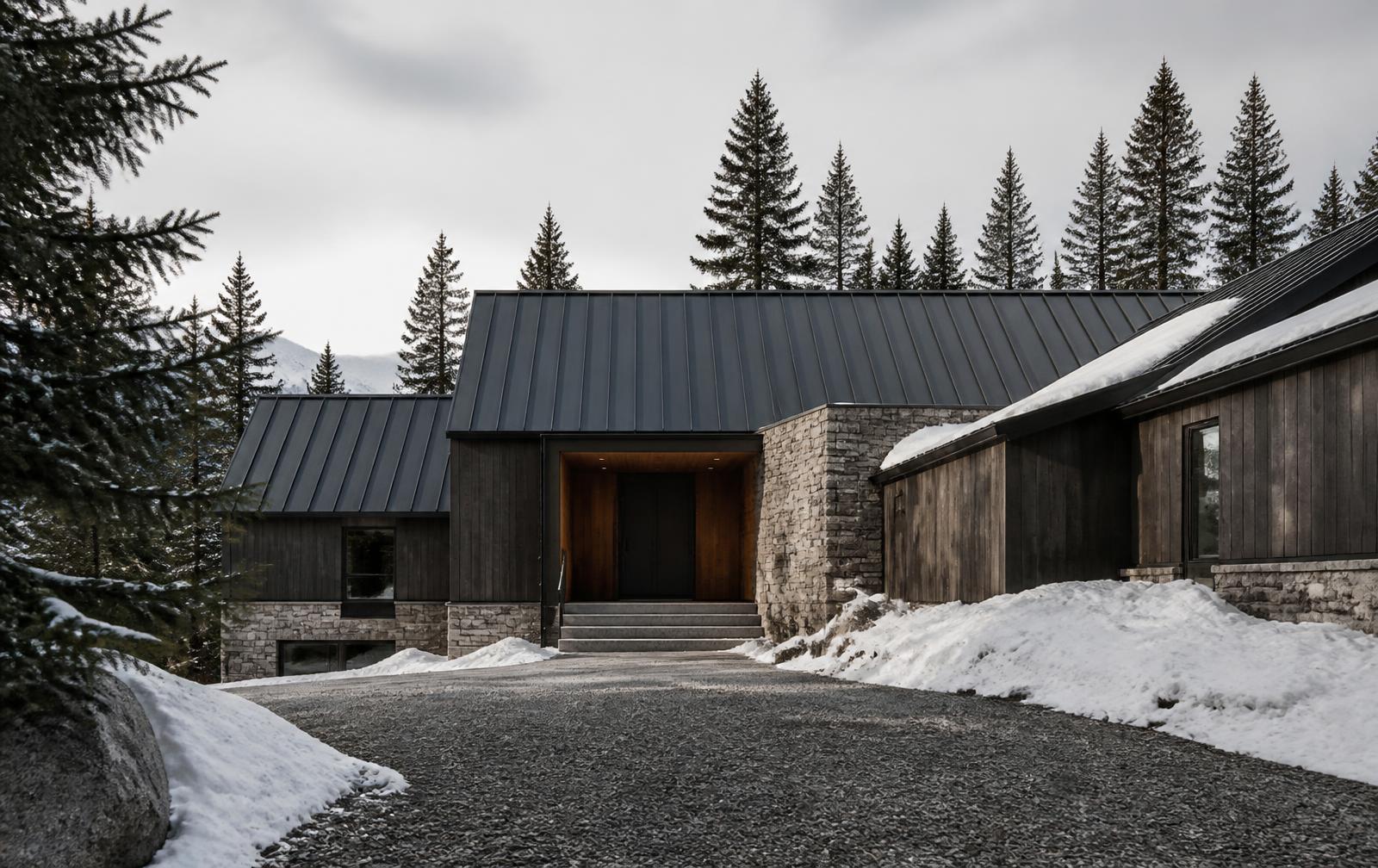 Concept visualization of the arrival elevation of a mountain residence — dark timber cladding and granite walls under a steep dark standing-seam roof with a sheltered recessed entry