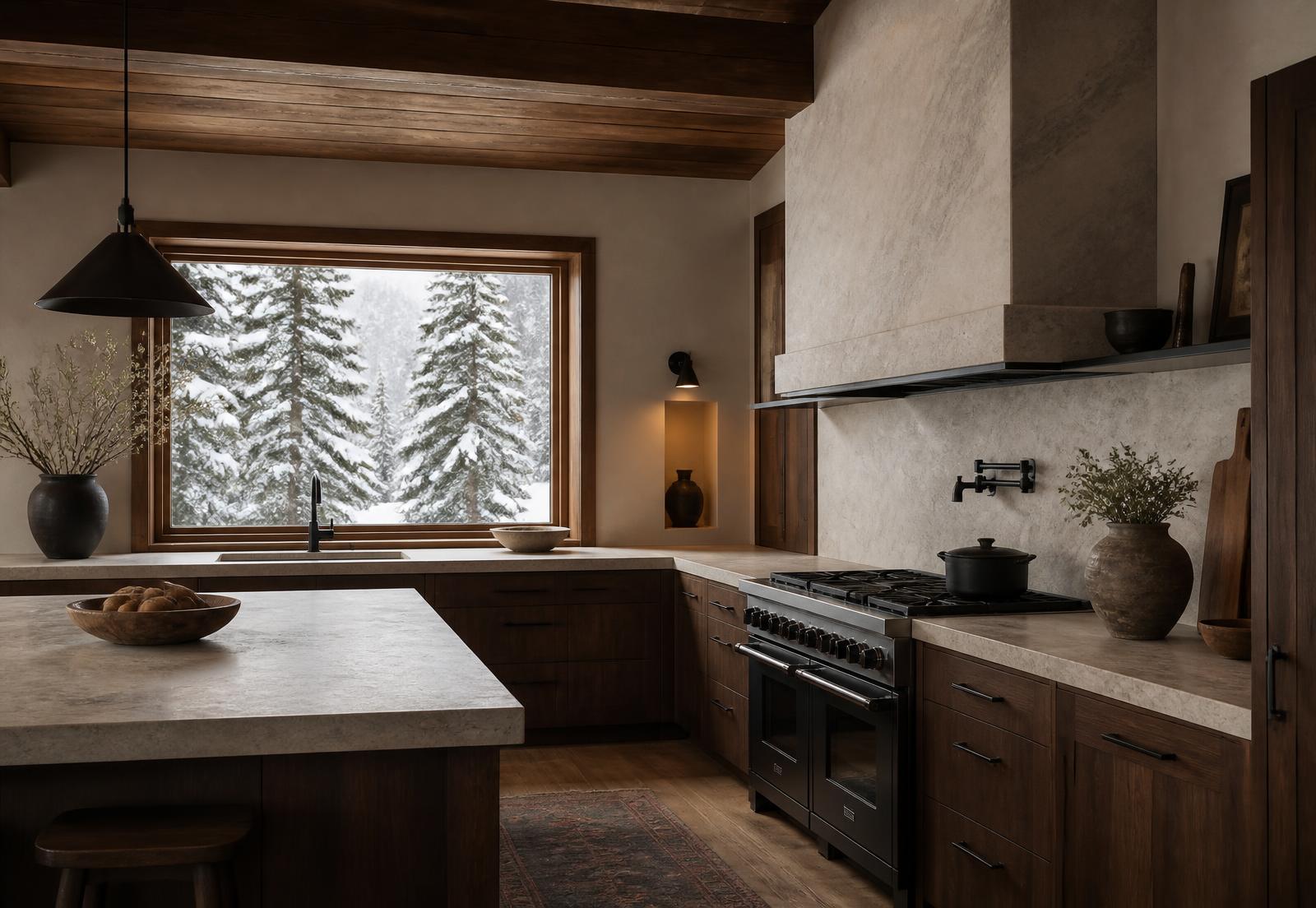 Concept visualization of a mountain house kitchen with dark timber cabinetry, honed stone counters and a deep-set window to snowy forest
