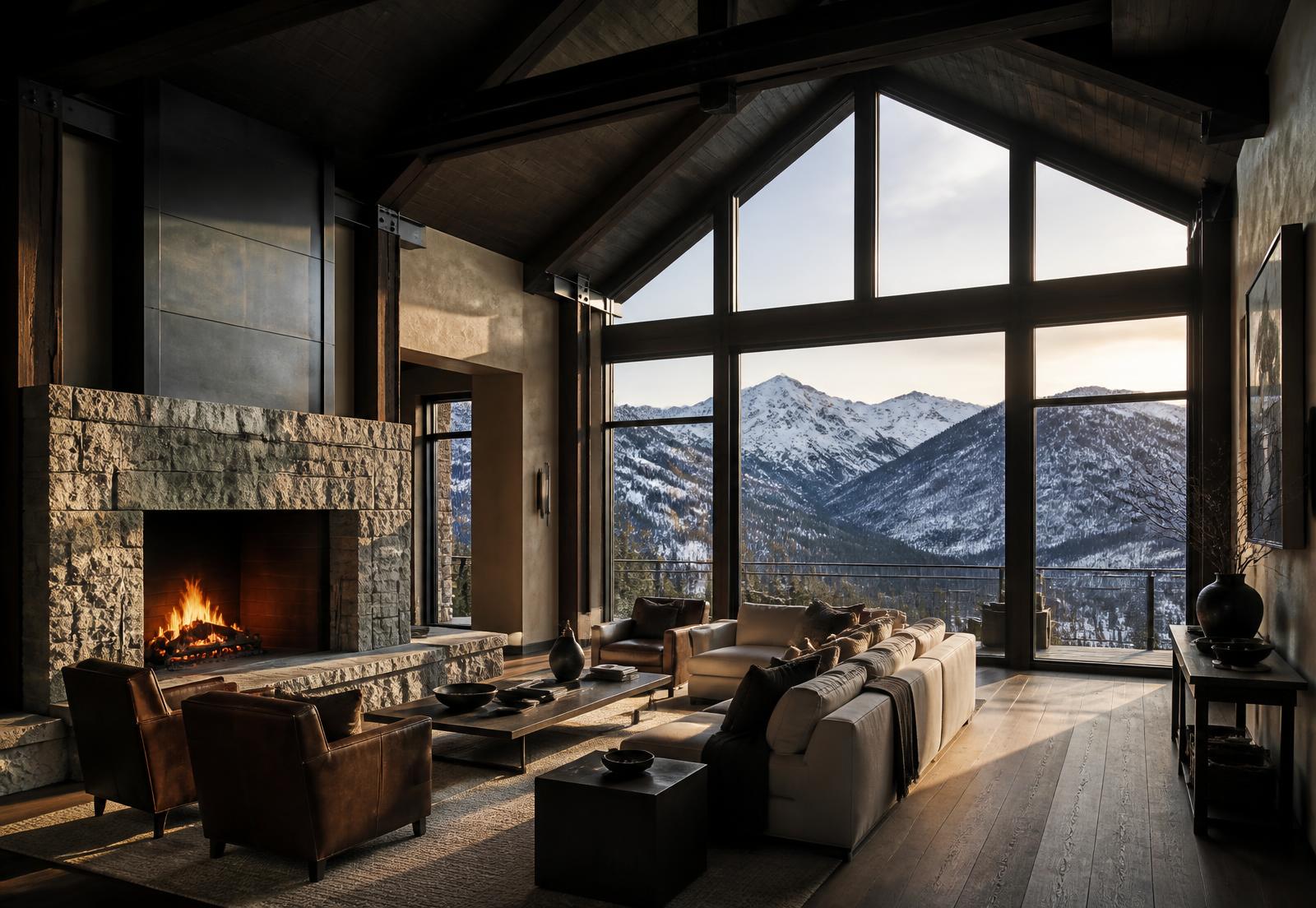 Concept visualization of a mountain living volume with dark timber structure, a granite hearth and glazing framing the mountain ridges