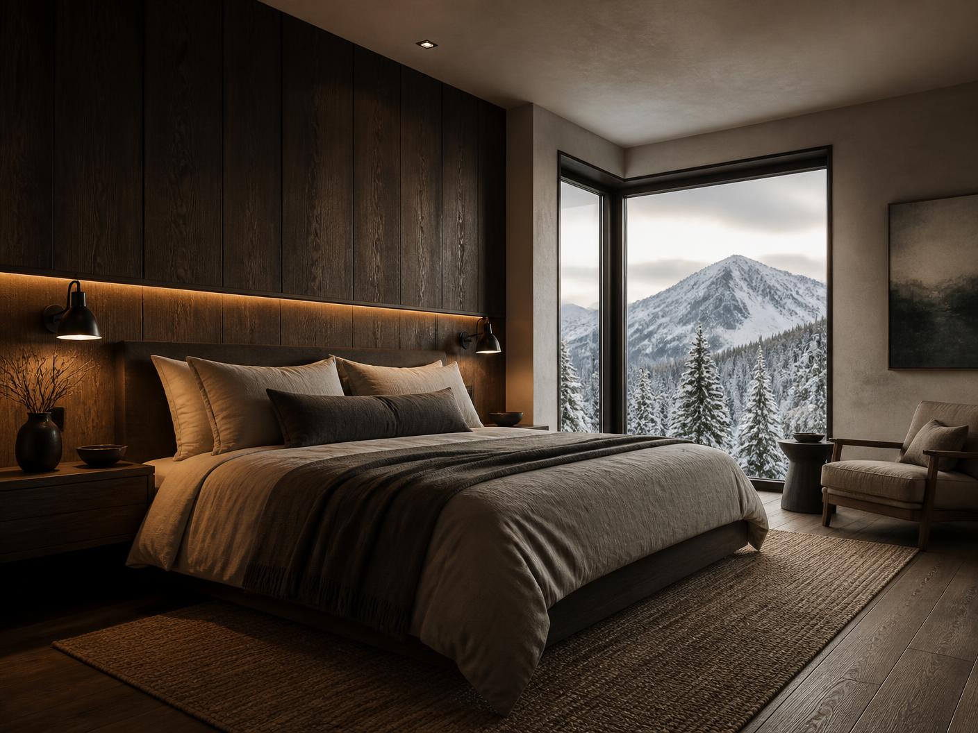 Concept visualization of a primary suite with a dark timber headboard wall and a corner window onto snow-covered spruce