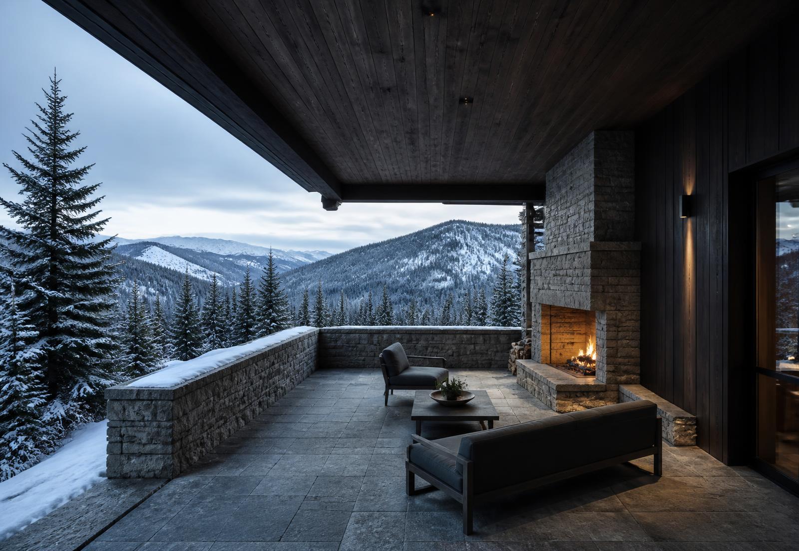 Concept visualization of a sheltered mountain terrace with granite paving, a stone outdoor hearth and views to snow-covered ridges
