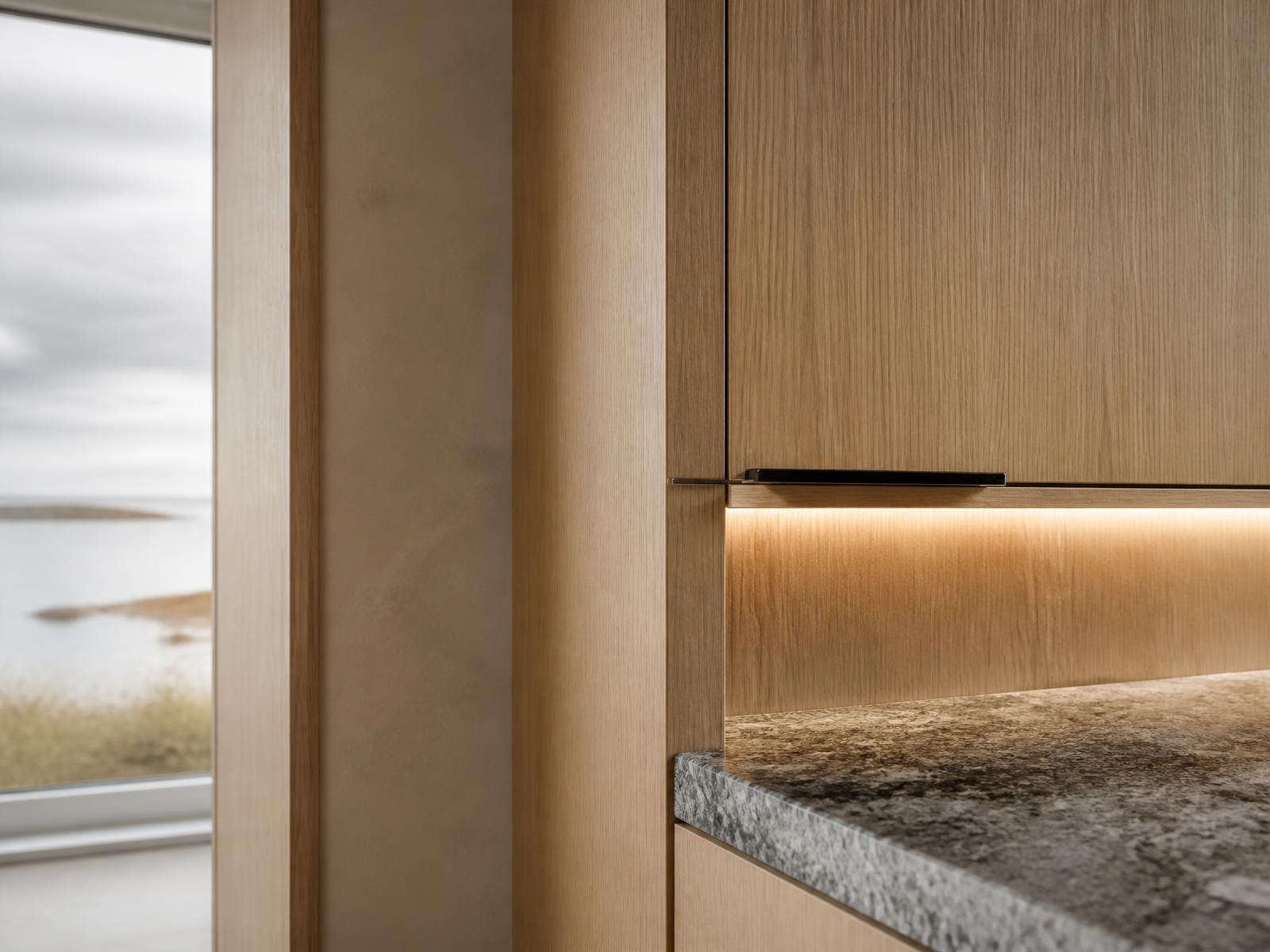 Concept visualization of a millwork detail — rift-sawn white oak cabinetry with fine reveals, blackened metal pull and honed stone counter