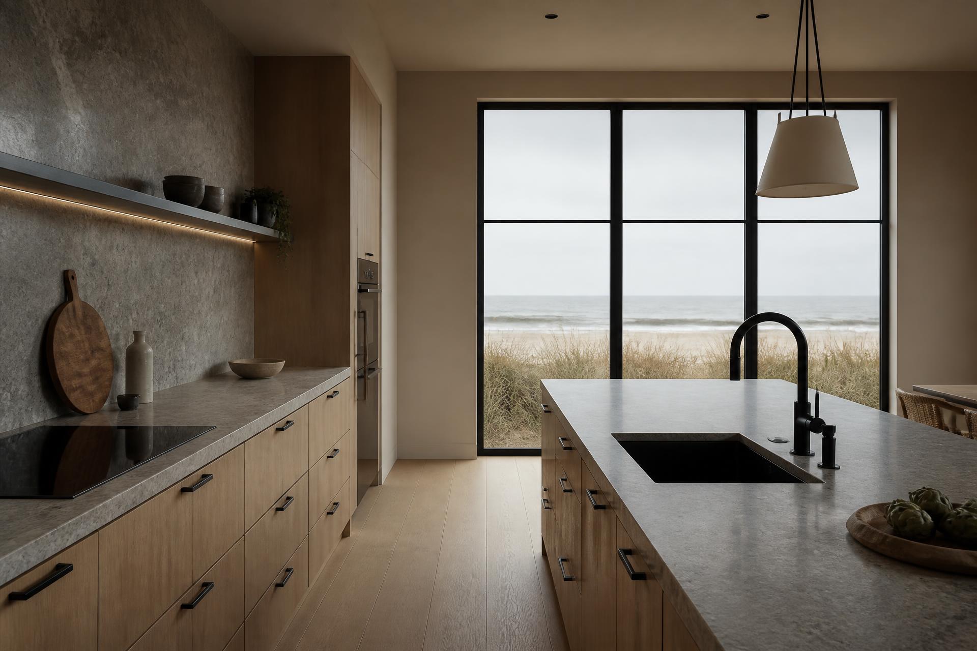 Concept visualization of a kitchen in white oak cabinetry with honed stone counters and a full-height stone backsplash, facing dune grass and the ocean