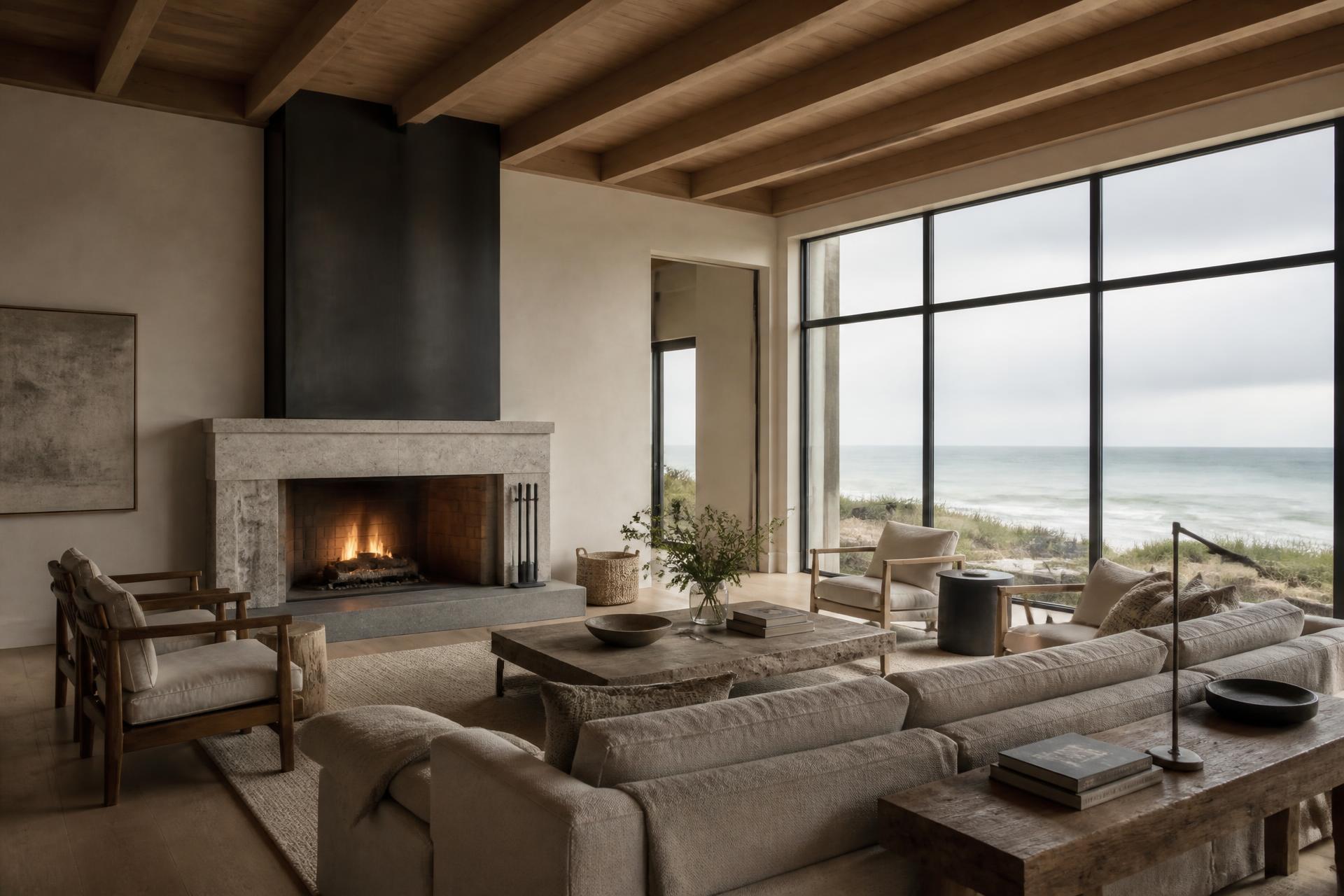 Concept visualization of a living volume with exposed white oak ceiling, honed stone fireplace and a wall of black-framed glazing to the water