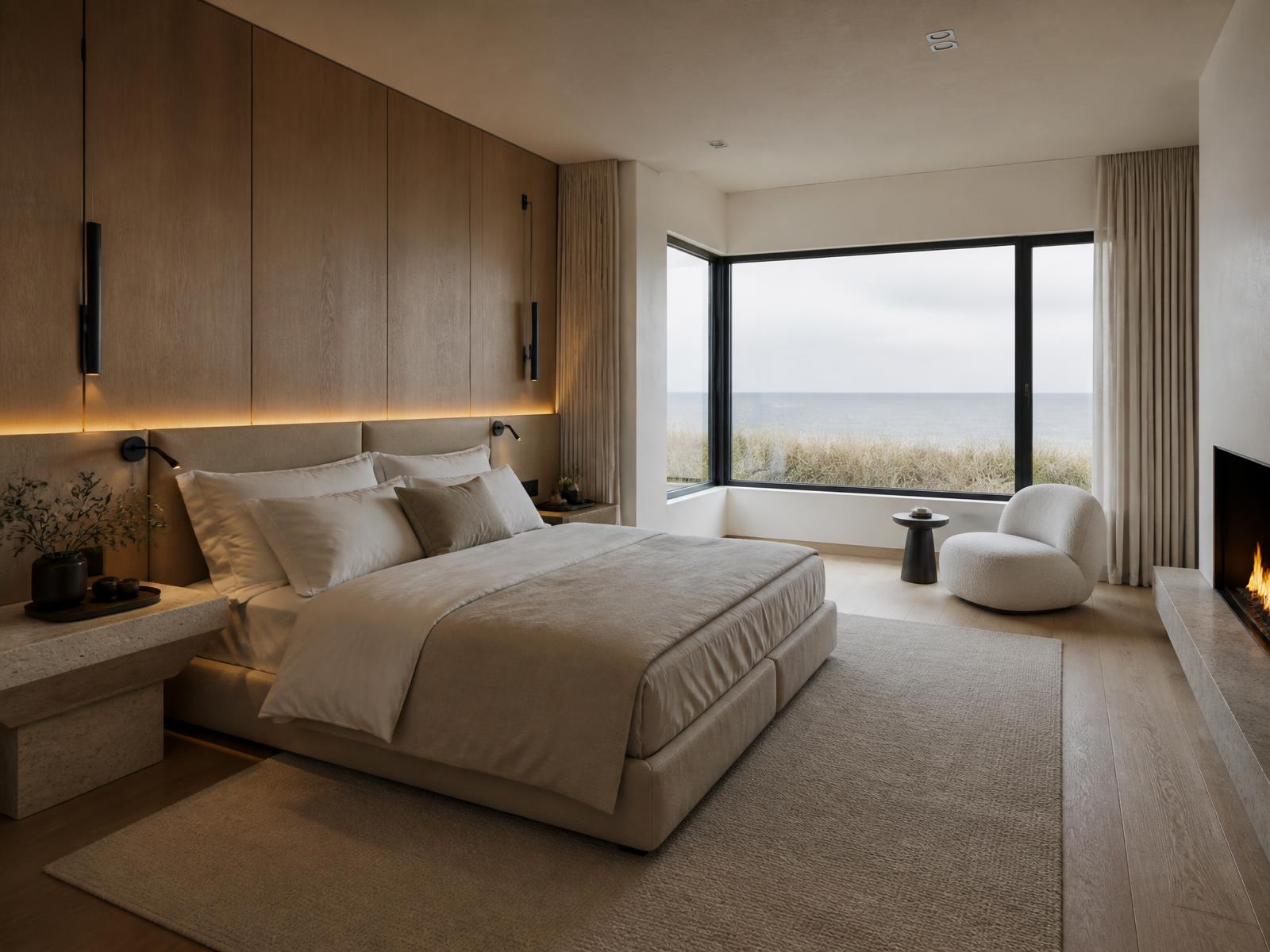 Concept visualization of a primary suite with a full-height white oak headboard wall, integrated lighting and a corner window onto the shoreline