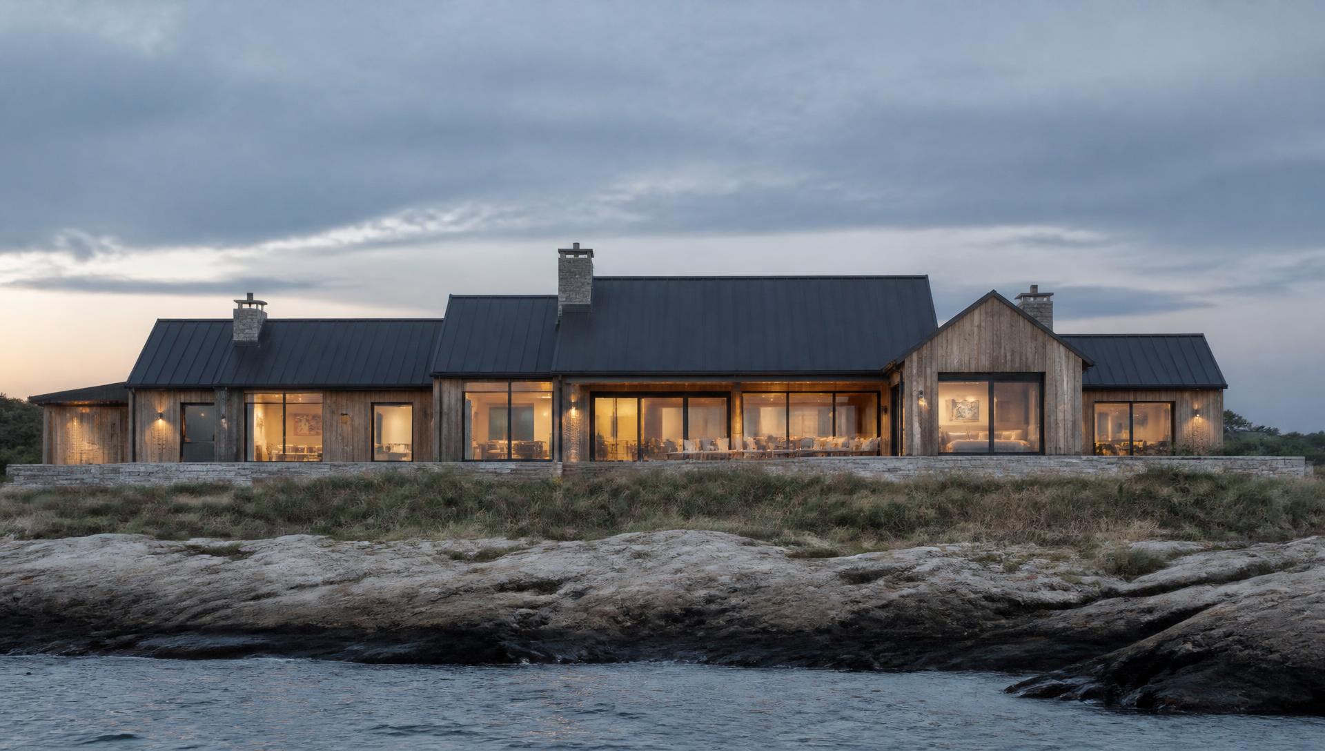 Concept visualization of a low horizontal coastal residence in cedar and granite with dark standing-seam metal roofs, lit from within at dusk above a rocky New England shoreline