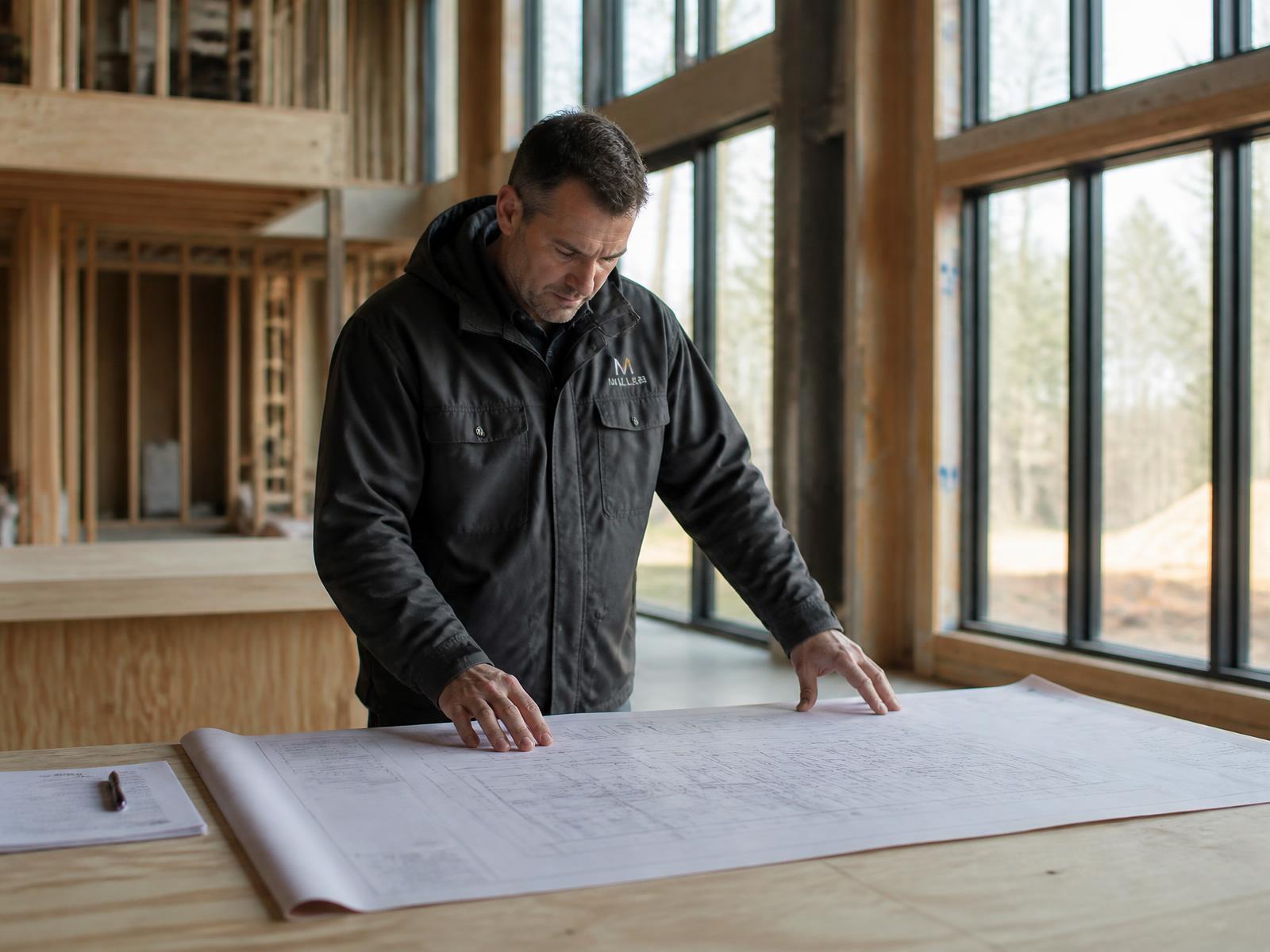 Reviewing architectural drawings on site inside a custom home under construction