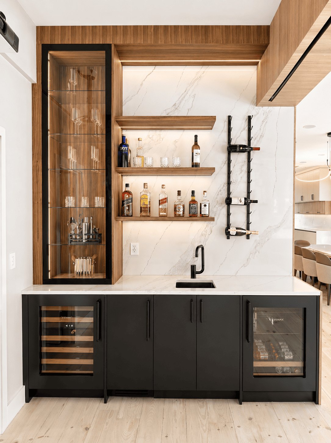 Bedford Residence wet bar with marble slab surround and wine display