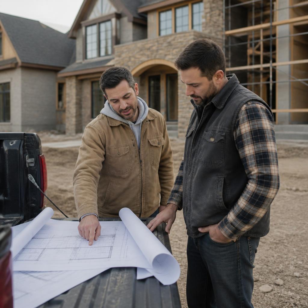 iBuild project lead and carpenter reviewing construction drawings at the truck outside a home under construction