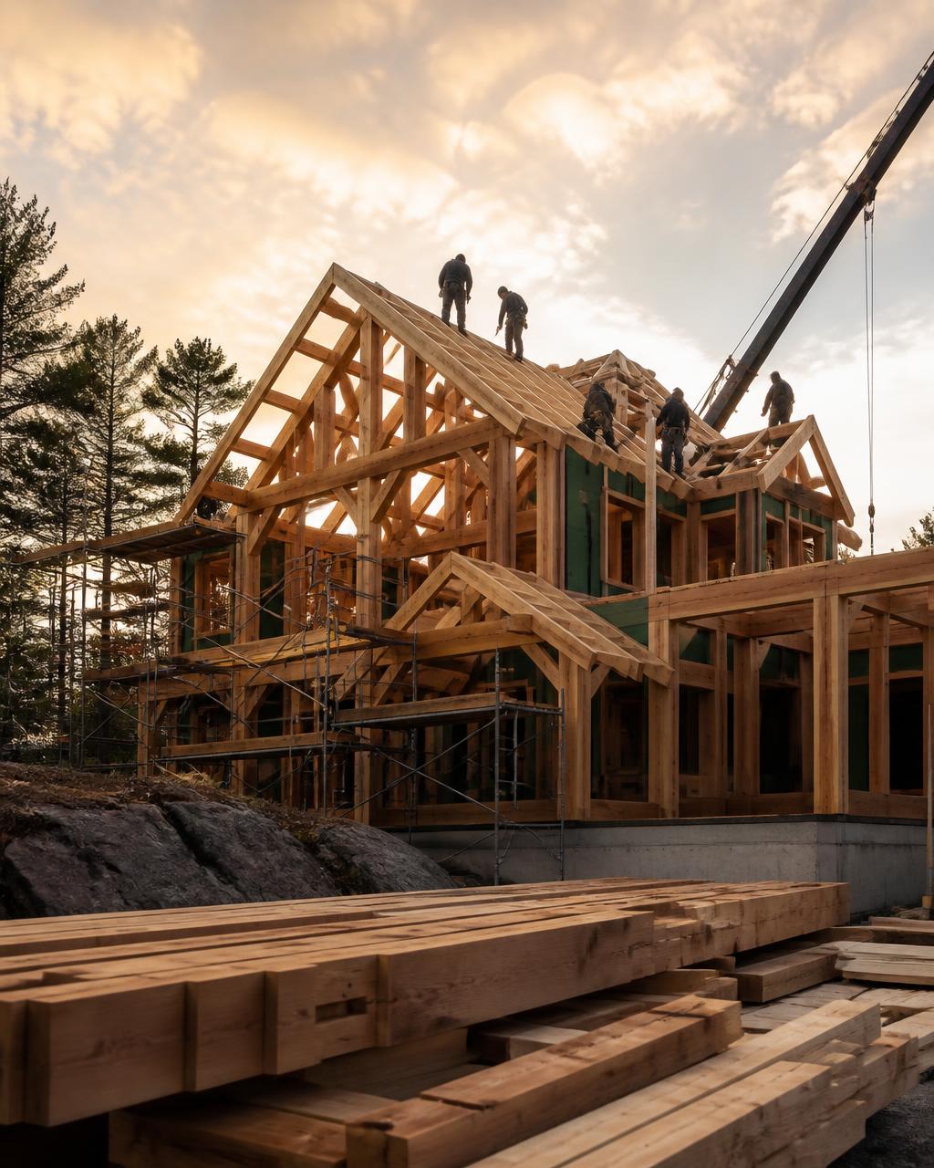 iBuild crew raising timber framing on a luxury New England home