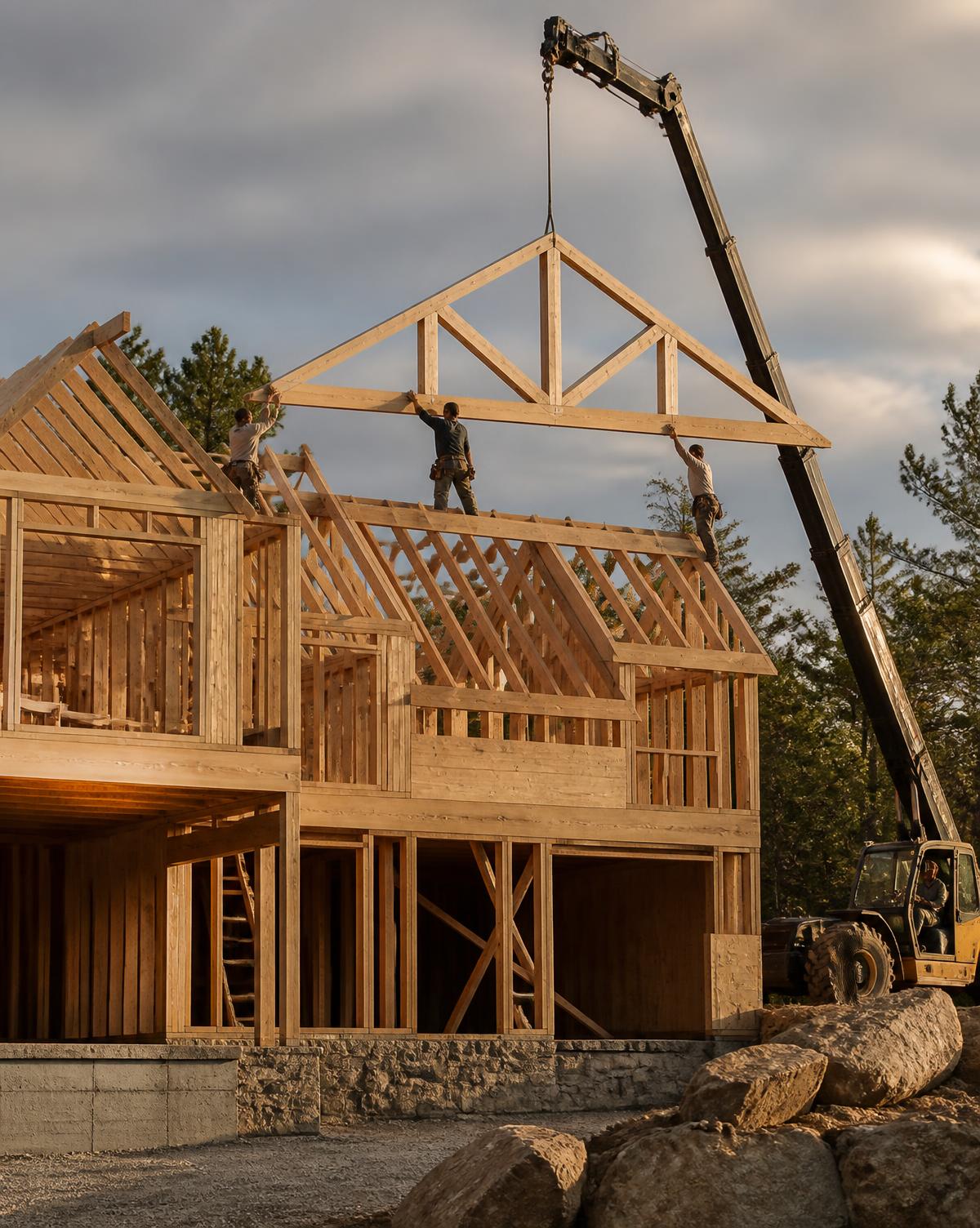 Carpenters setting a roof truss on a custom home under construction