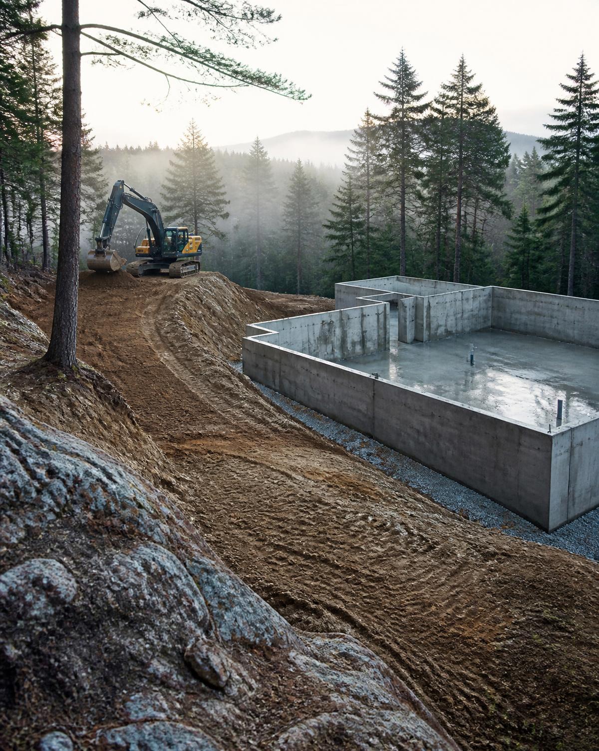 Excavator shaping the pad beside a completed foundation on a wooded New Hampshire lot