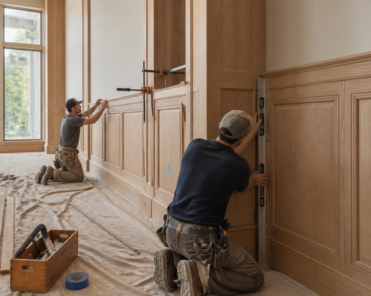 Carpenters installing white oak millwork paneling