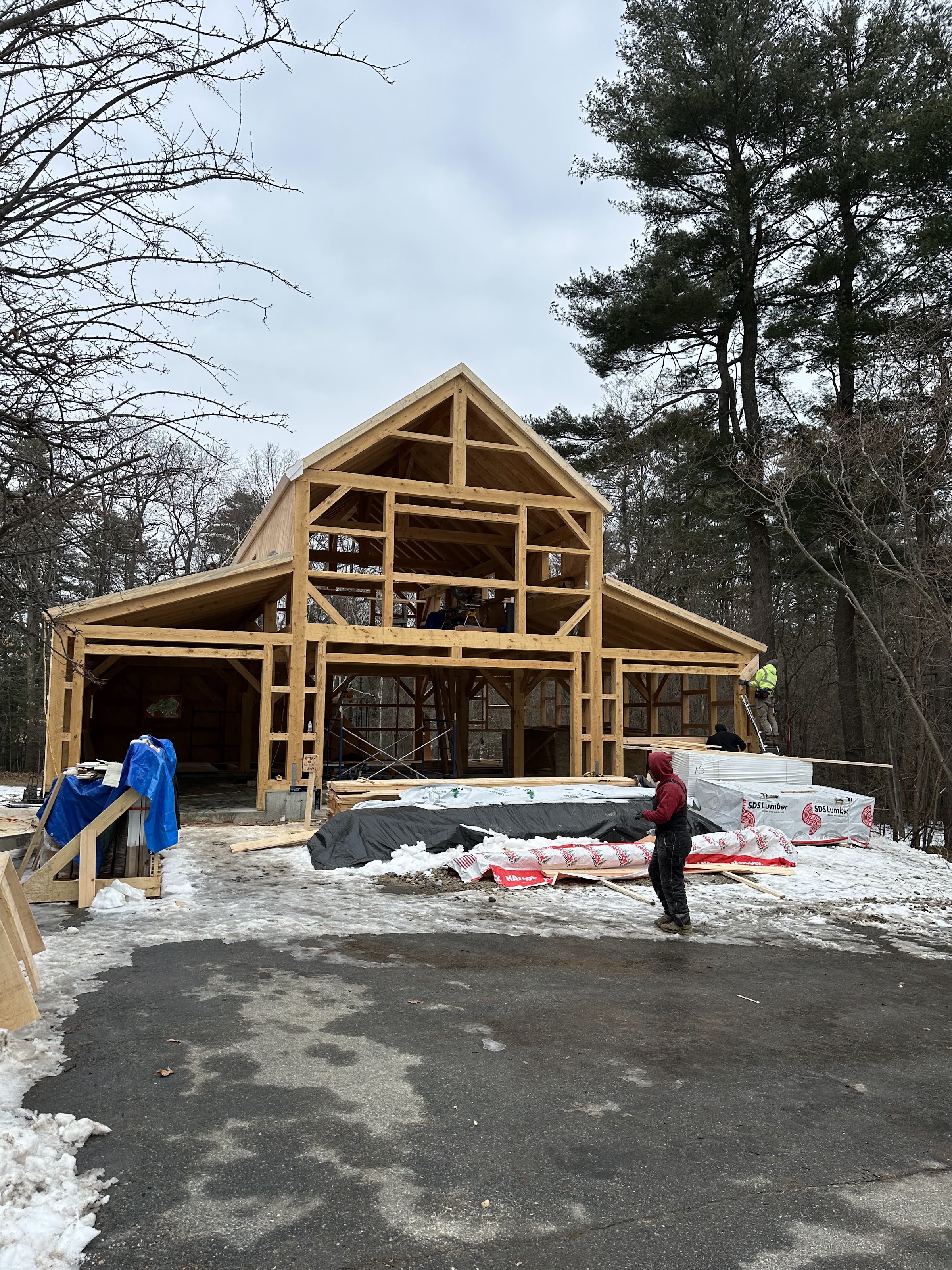 Heavy timber frame raised on a luxury New England residence