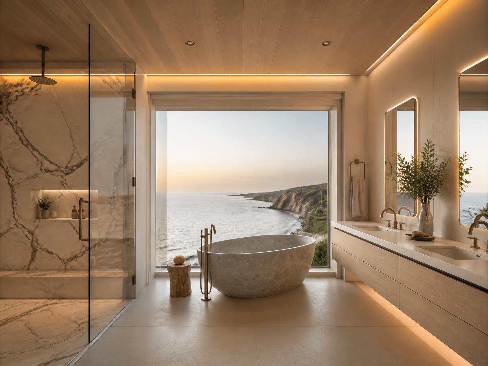 Primary bathroom with stone soaking tub, marble slab wall and ocean view