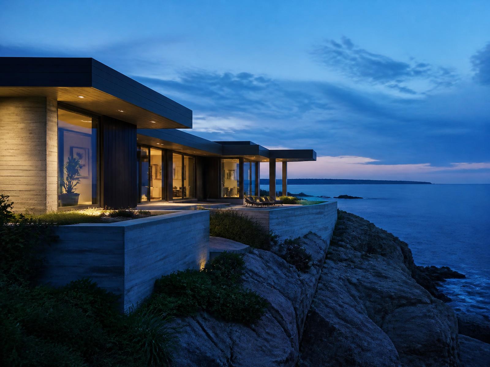 Contemporary cliffside residence in board-formed concrete and charred cedar above the Atlantic at blue hour