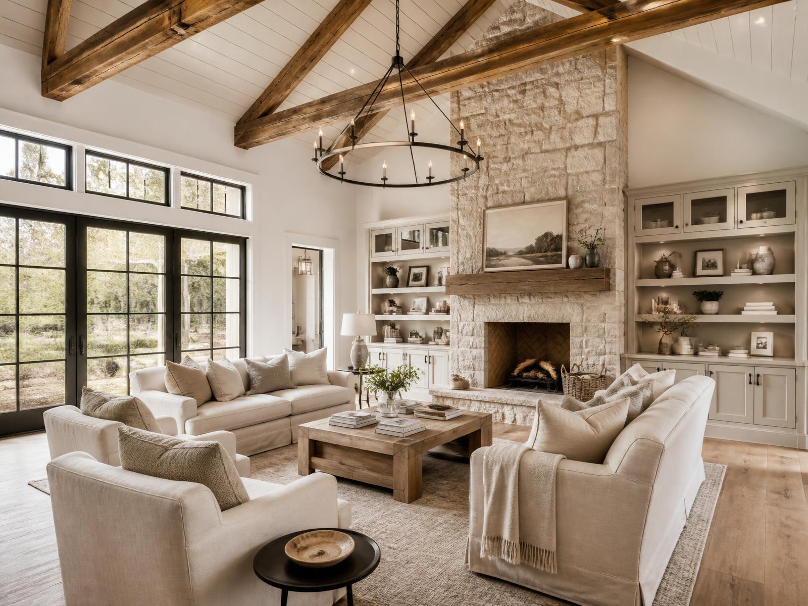 Farmhouse great room with reclaimed oak trusses, stone fireplace and steel windows