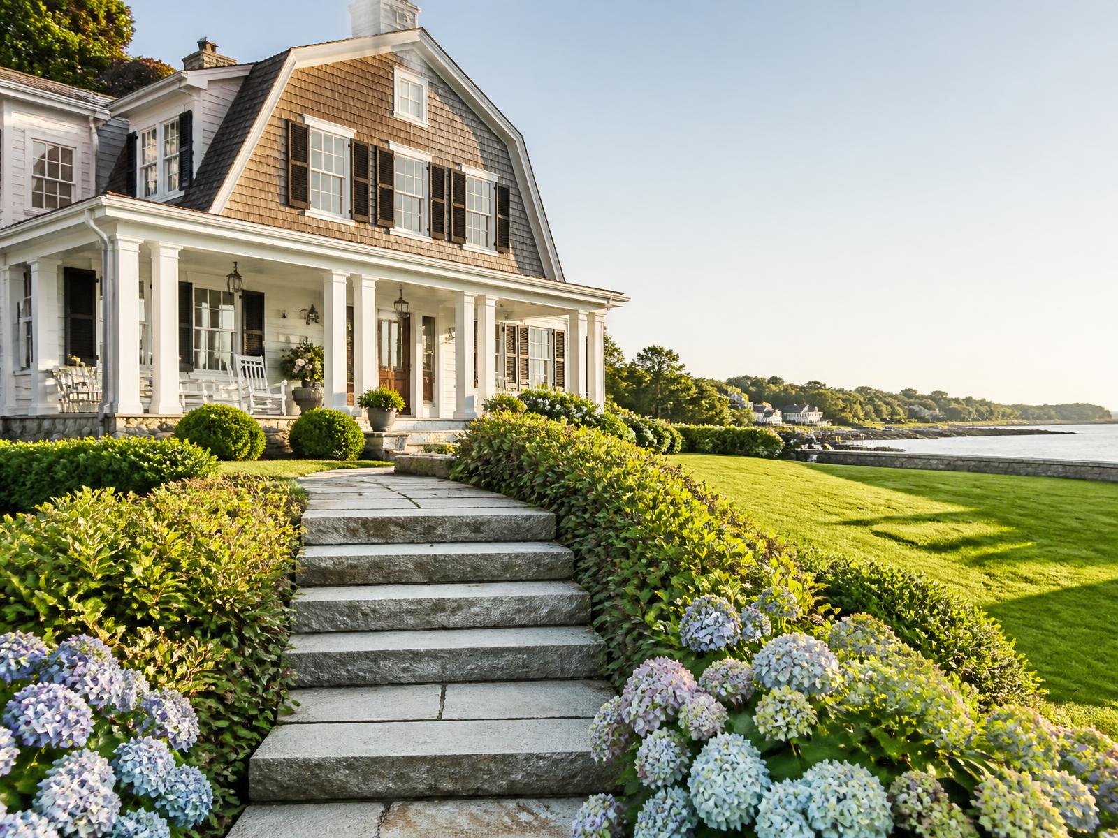 White clapboard and shingle Maine shore estate with gambrel roof, porch and hydrangea gardens