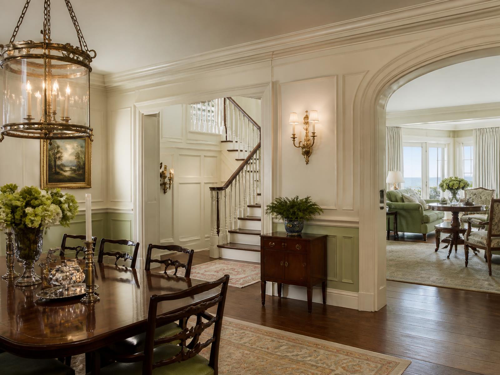 Panelled dining room and stair hall with plaster mouldings and antique brass lighting
