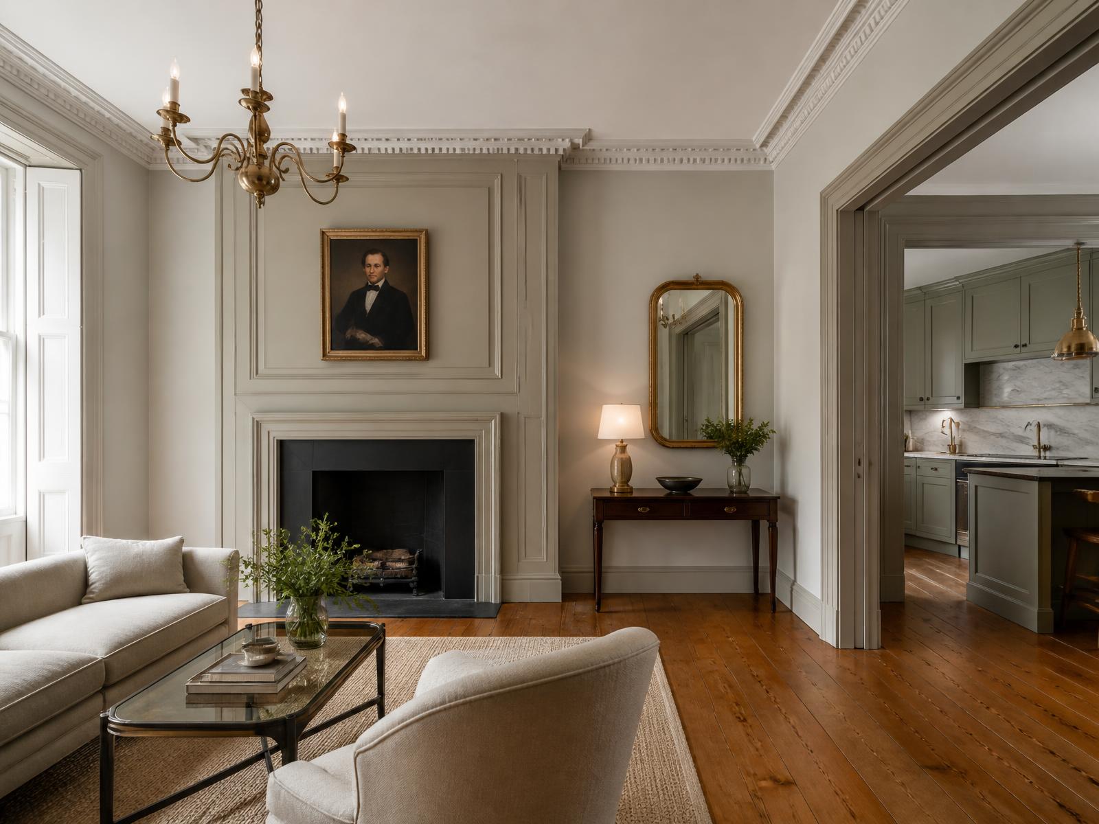 Restored Federal parlor with panelled fireplace wall, wide pine floors and a discreet modern kitchen beyond