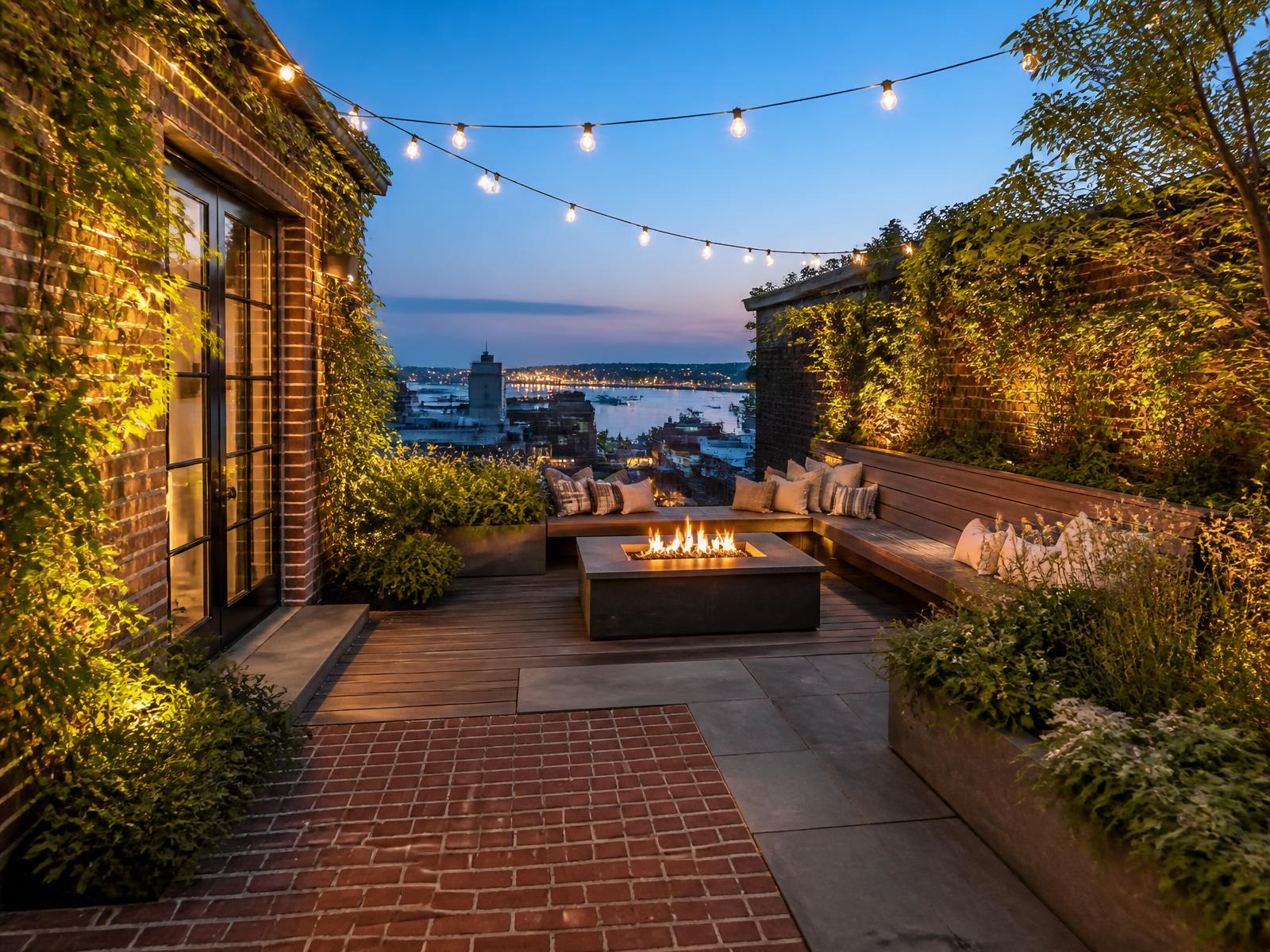 Private brick and ipe garden terrace with fire table and harbor view at dusk