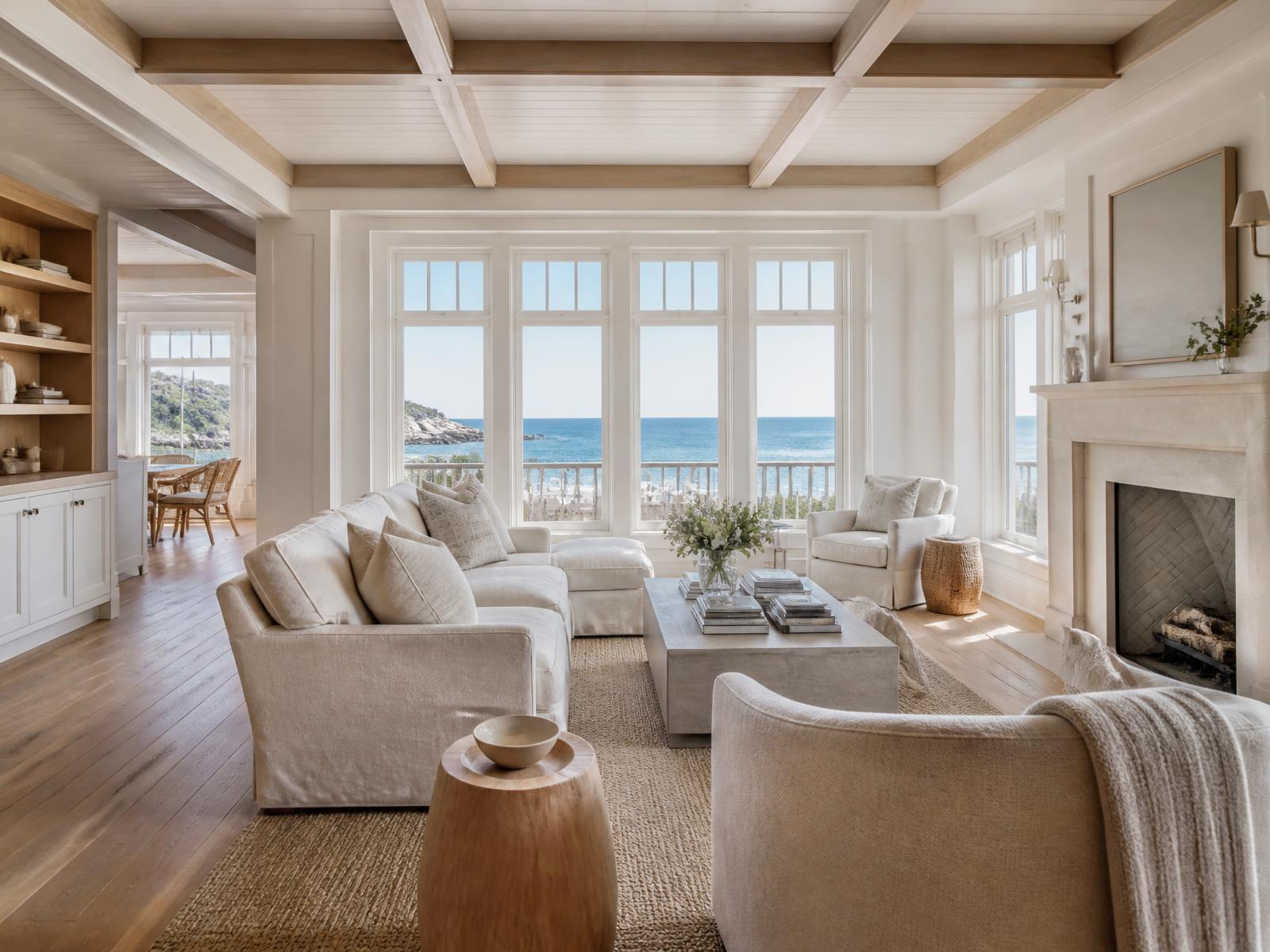 Coastal living room with beamed ceiling, limestone fireplace and ocean-facing windows