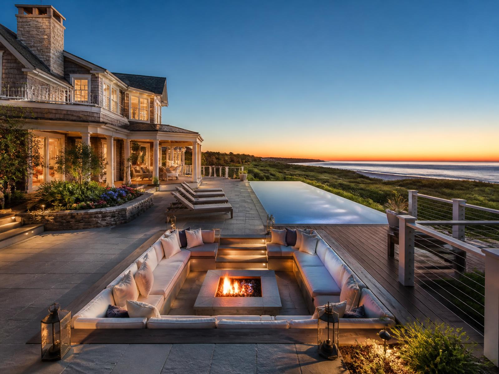 Infinity pool terrace with sunken fire pit lounge above the Atlantic at dusk