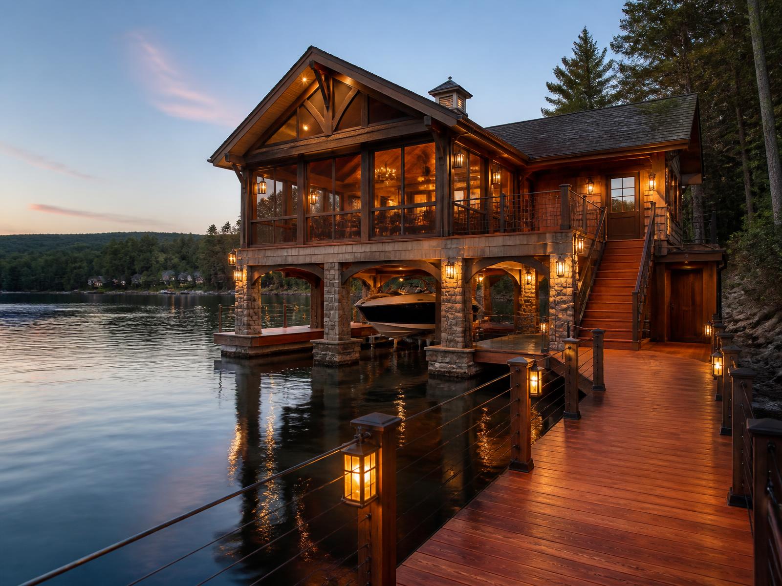 Timber boathouse with mahogany dock and lantern lighting at dusk