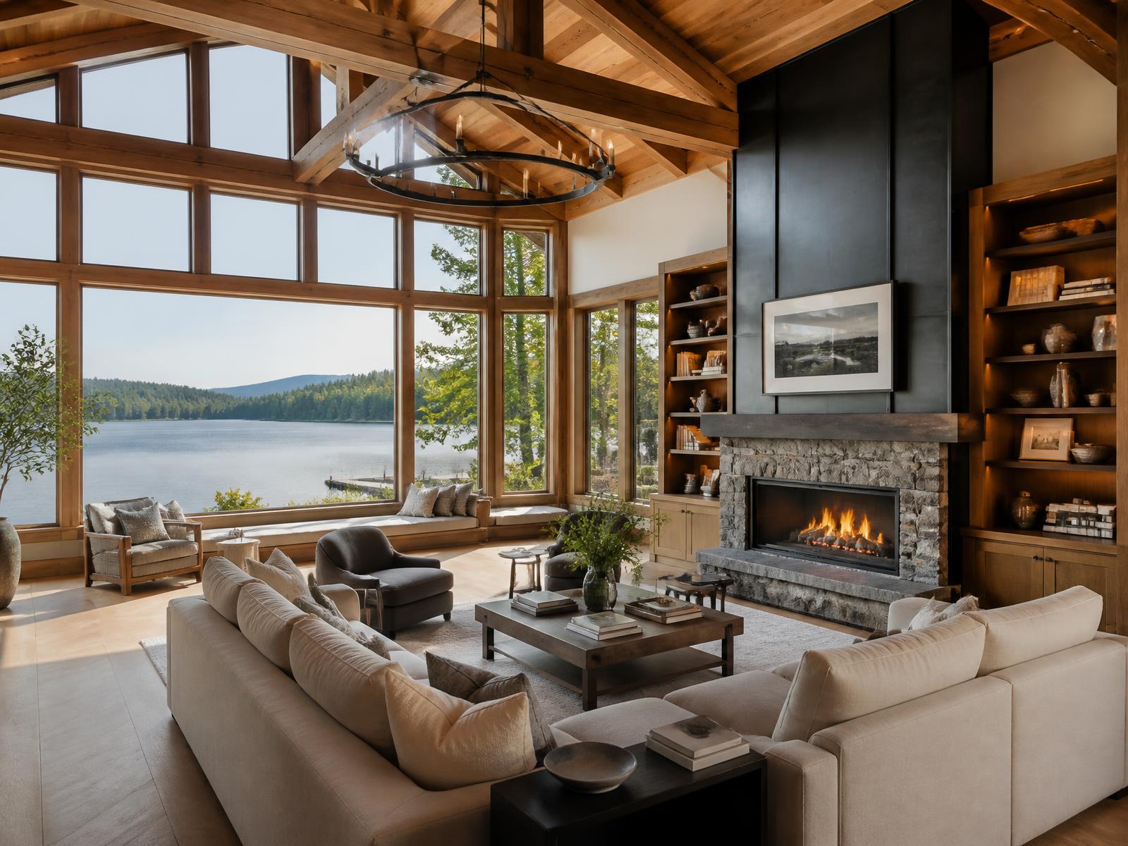 Great room with douglas fir trusses, stone fireplace and full-height lake glazing